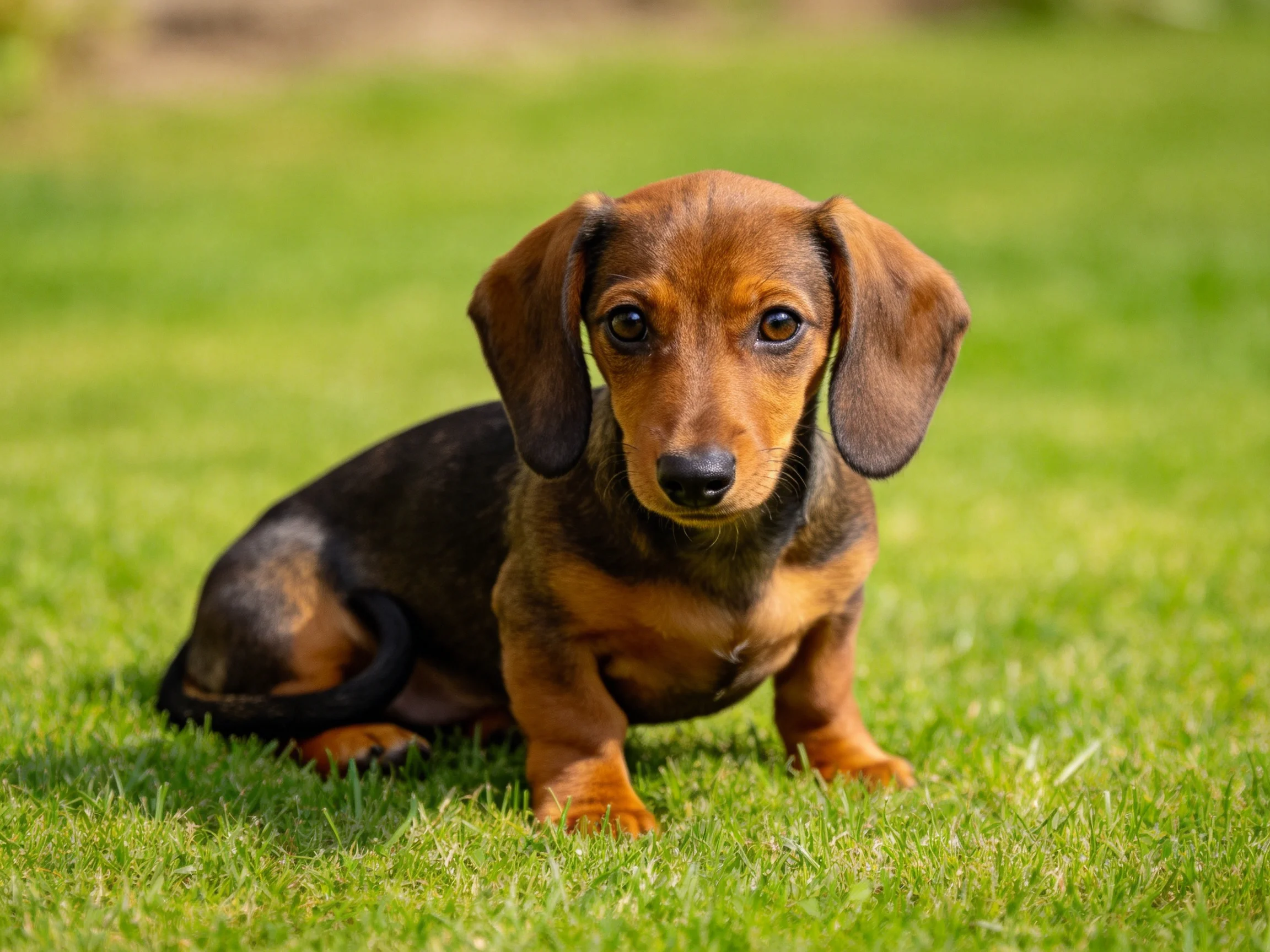 腊肠犬幼犬安静地坐在绿色草坪上,耳朵大而柔软,眼神专注看向镜头。