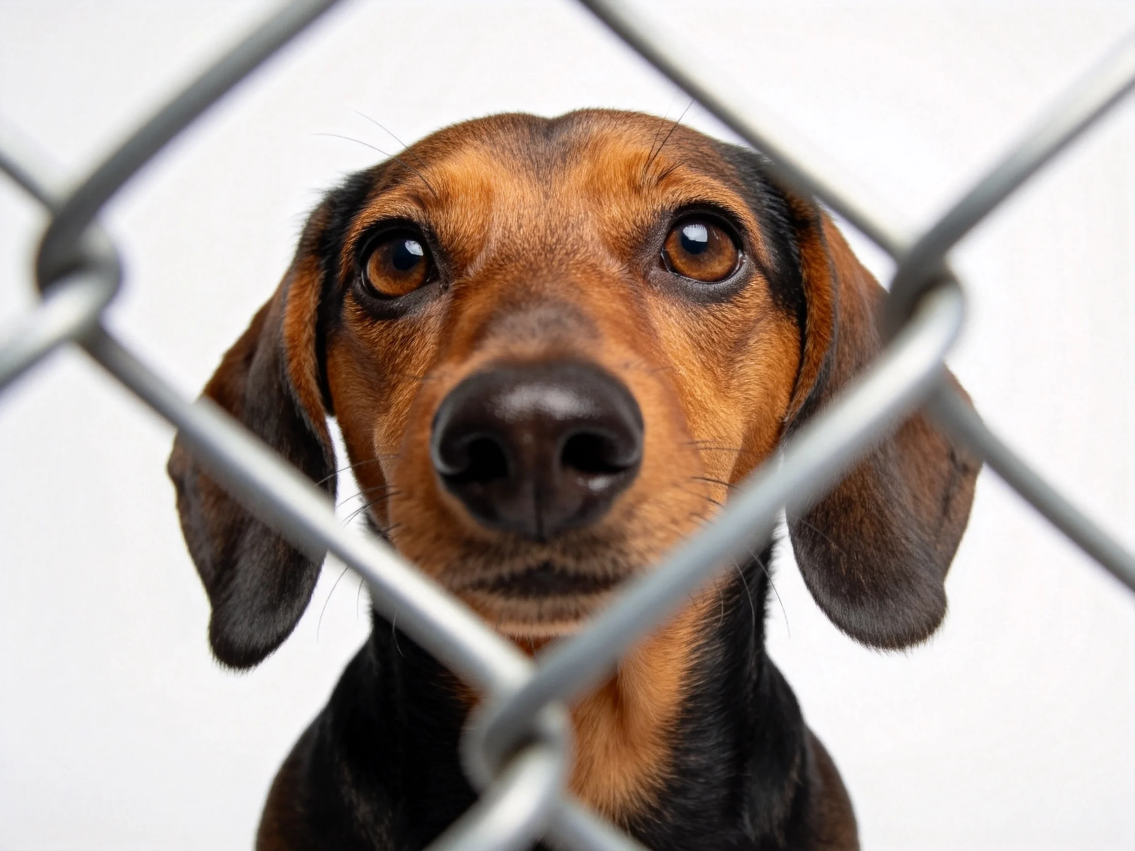 达克斯猎犬透过铁丝网注视镜头,黑棕相间被毛清晰可见,眼部神态温和。