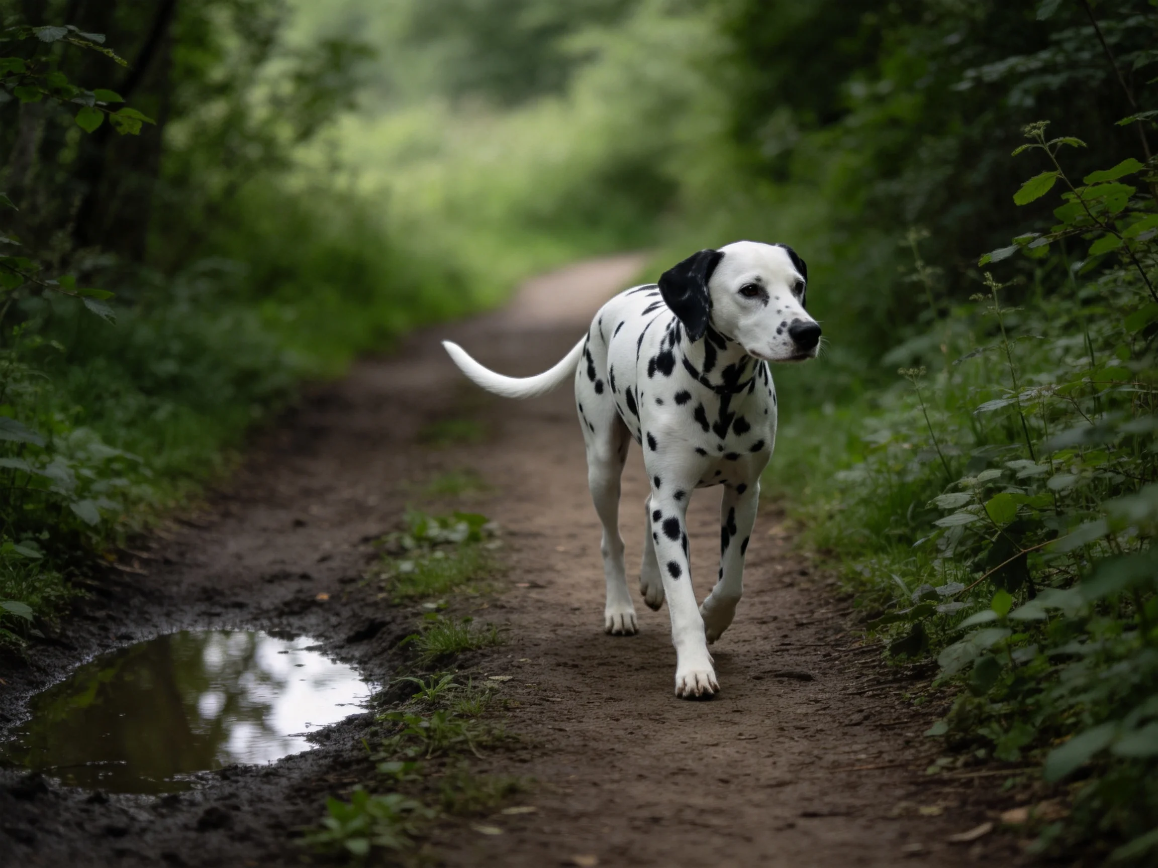 达尔马提犬在森林小径上行走,黑白斑点皮毛清晰可见,周围是茂密绿植。