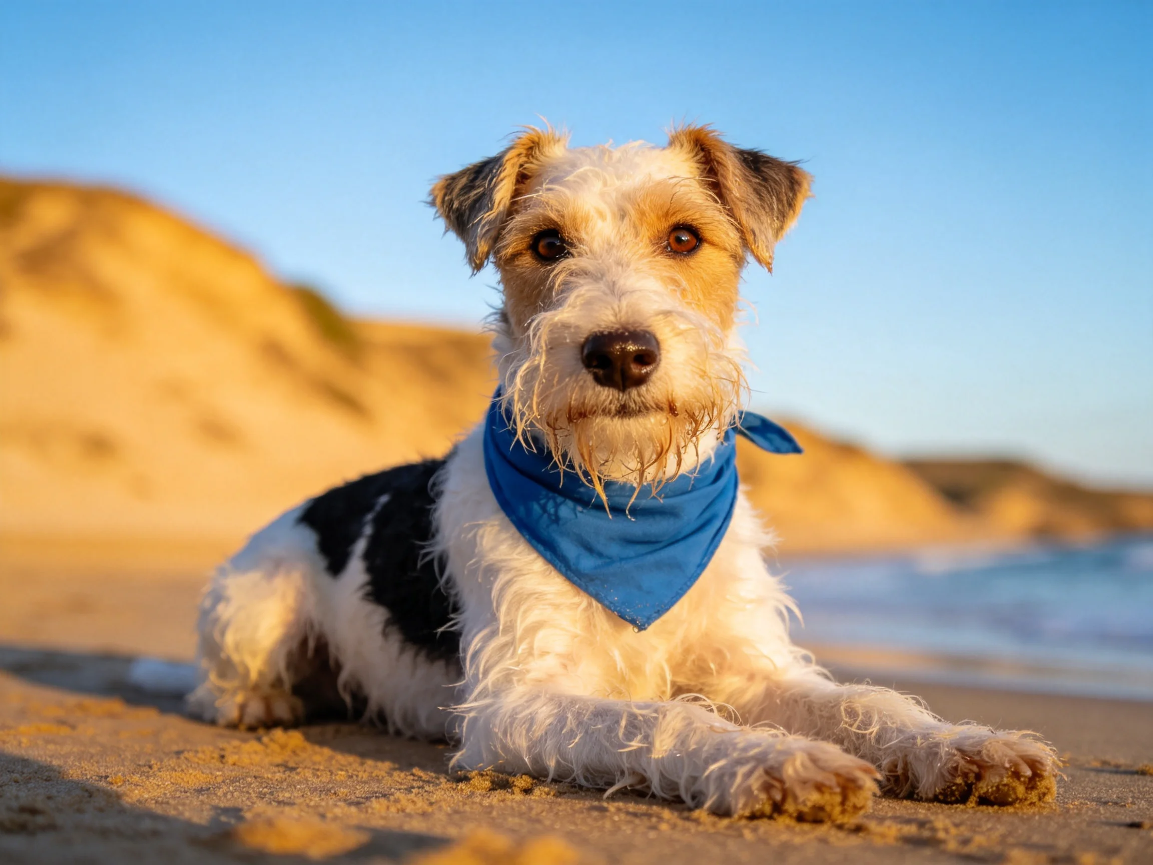 狐狸梗犬趴在沙滩上,脖颈处围着蓝色围巾,毛发呈刚硬卷曲状态。