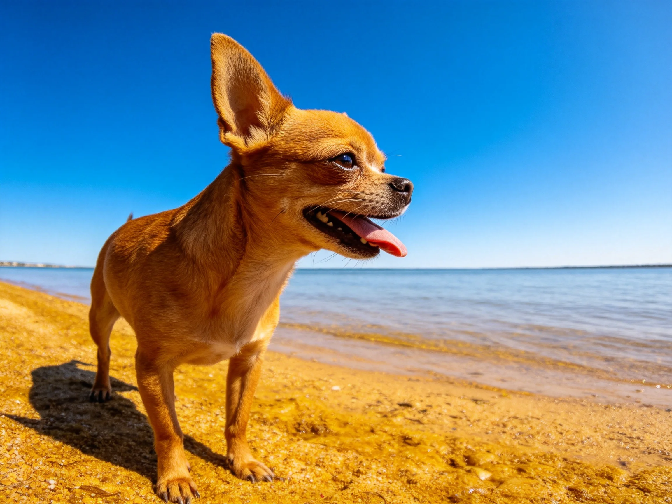 吉娃娃犬站在沙滩上,橙色短毛,耳朵竖立,嘴巴张开露出湿润的舌头。