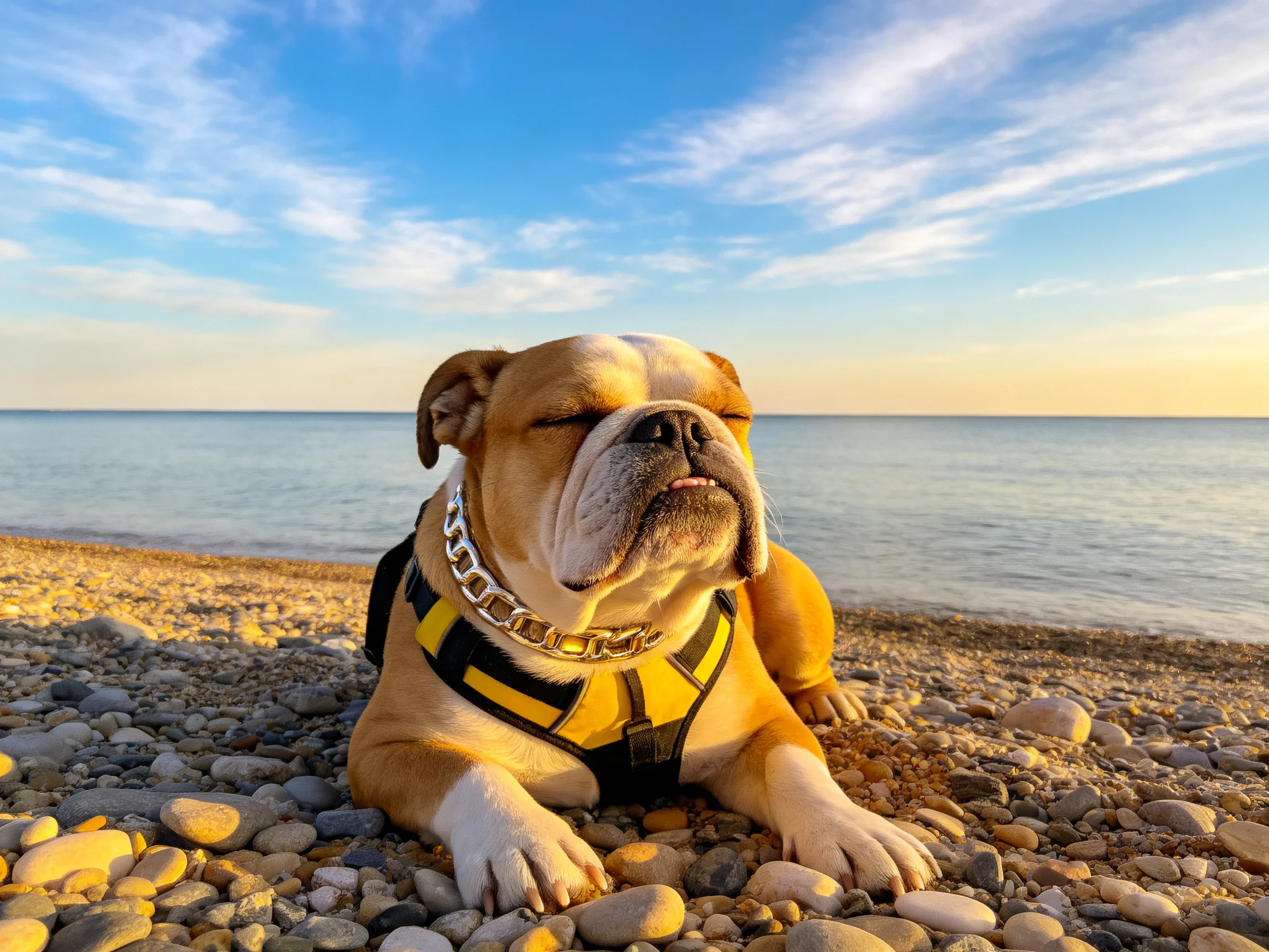 英国斗牛犬安静地趴在鹅卵石海滩上，银色链条项圈清晰可见，毛发柔软贴附在身体两侧。