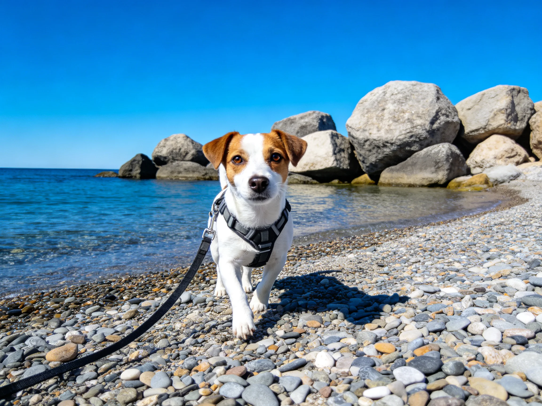 小型杰克罗素梗犬身着灰色胸背带,白色与棕色相间的毛发在阳光下清晰可见。