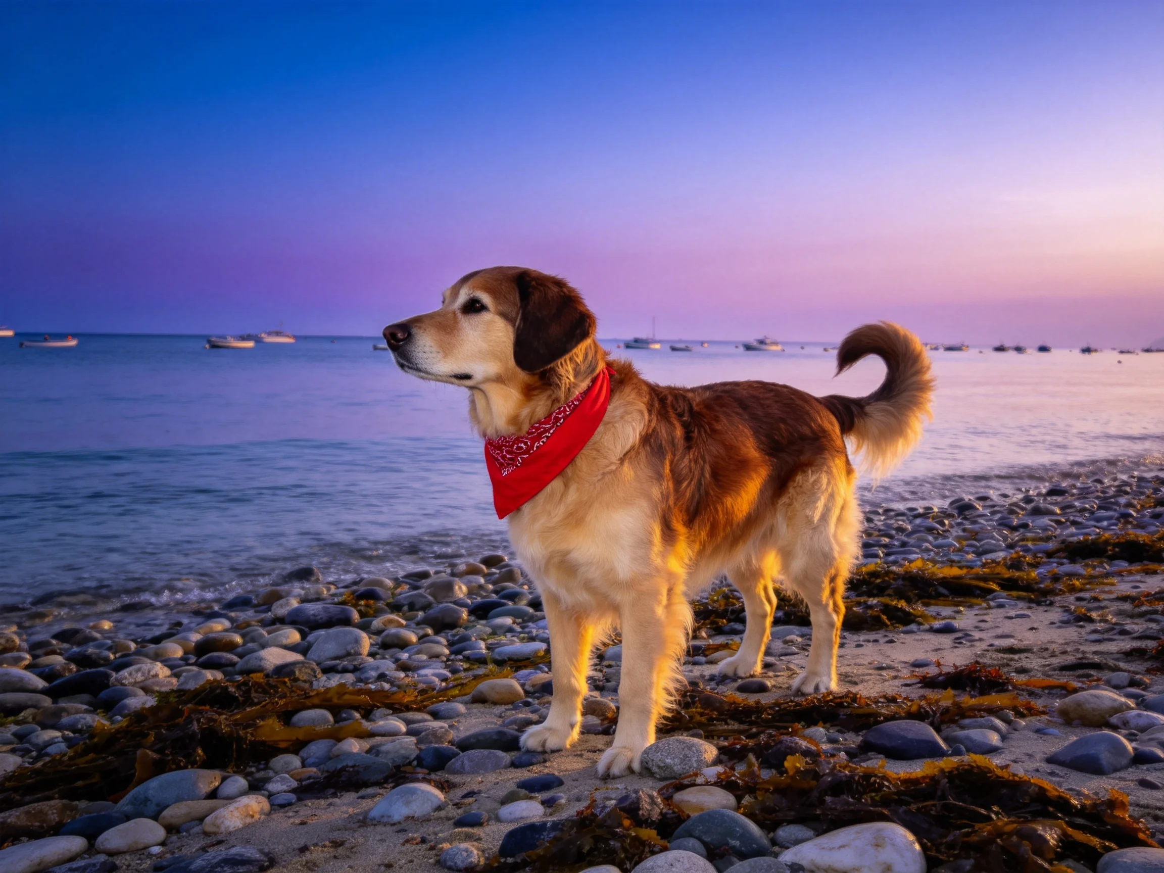 金毛寻回犬站立在海边沙滩上,脖颈处的红色方巾清晰可见,背景是平静的海面和船只。