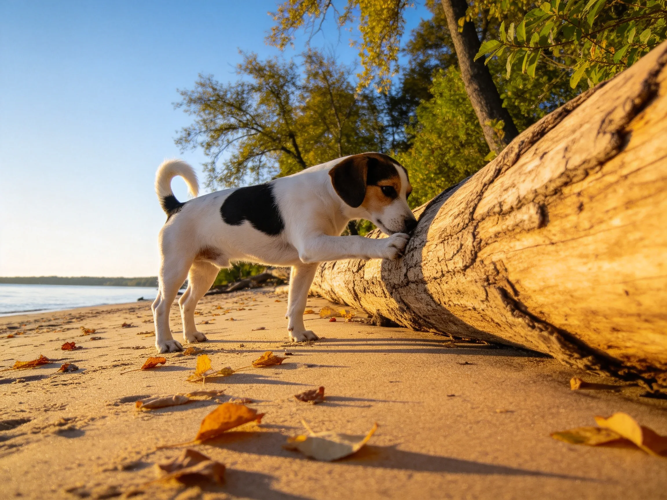 杰克罗素梗犬用前爪触碰原木,白色带黑斑的毛发与粗糙的原木表面形成对比。