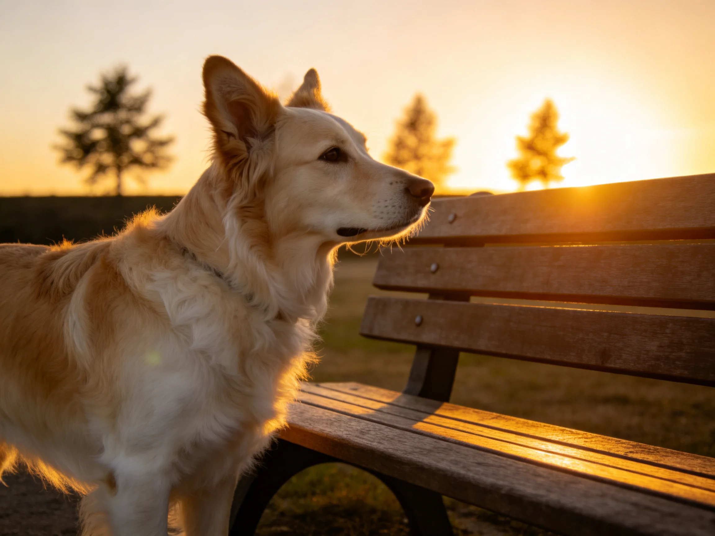 金毛寻回犬安静站立,浅金色蓬松毛发在夕阳下显得柔软顺滑。