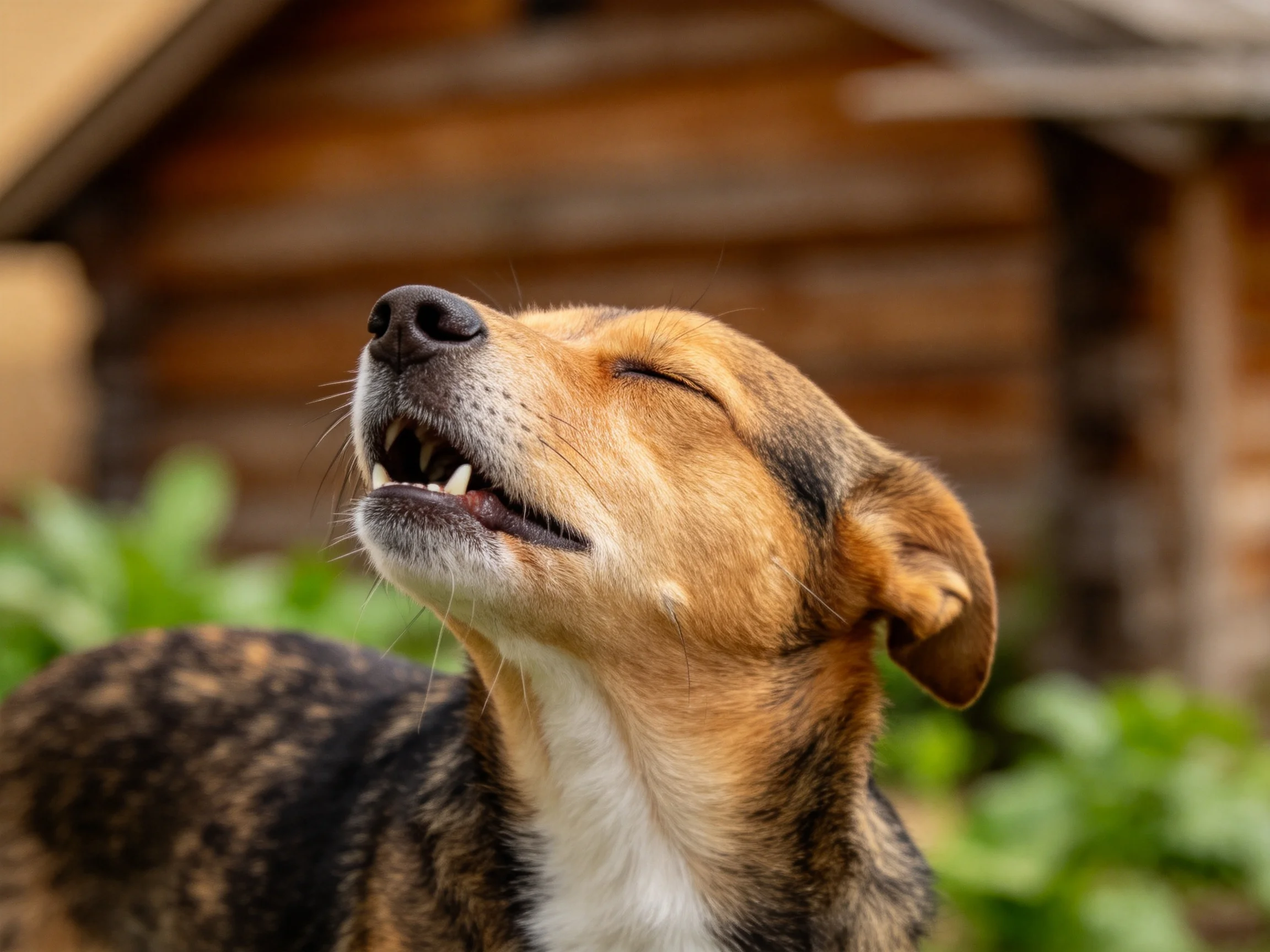 一只短毛混种犬在乡村环境中,棕黑相间的皮毛,嘴巴张开姿态放松。