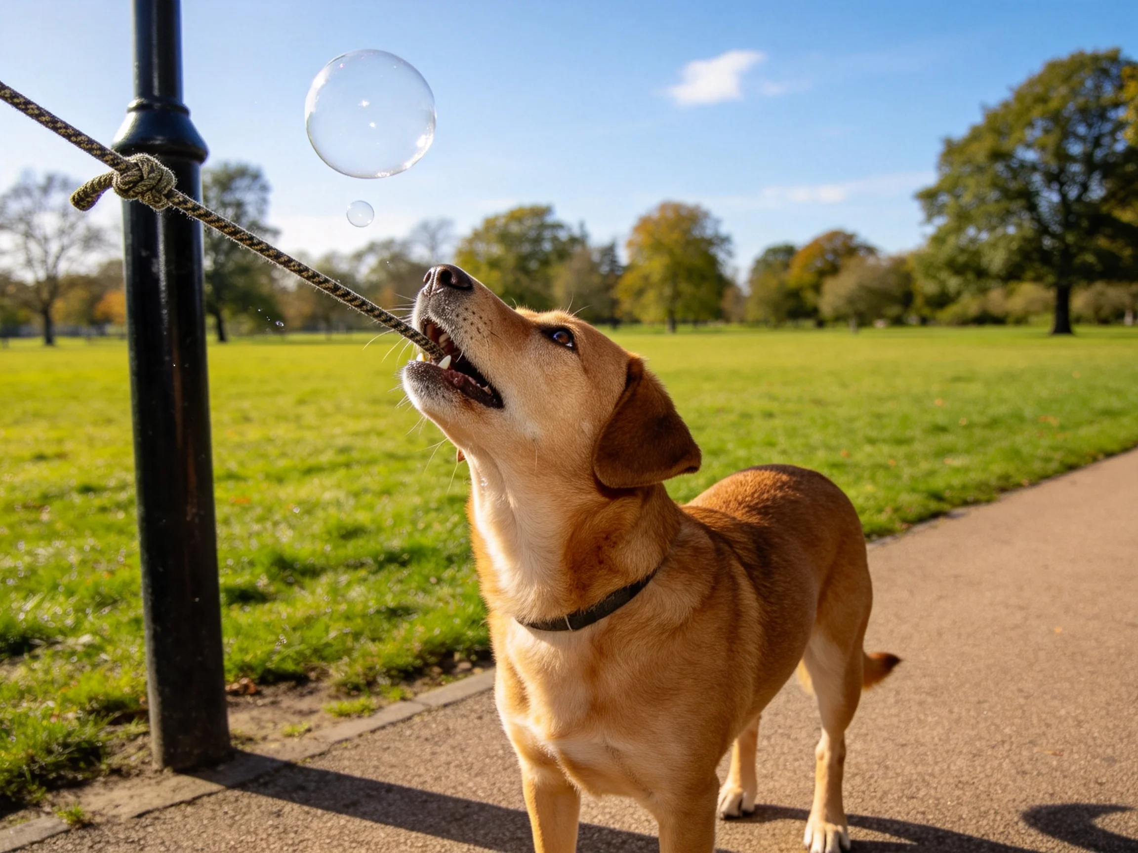 短毛混种犬追逐空中的泡泡,浅棕色皮毛在阳光下显得柔软光滑,嘴巴张开准备捕捉泡泡。