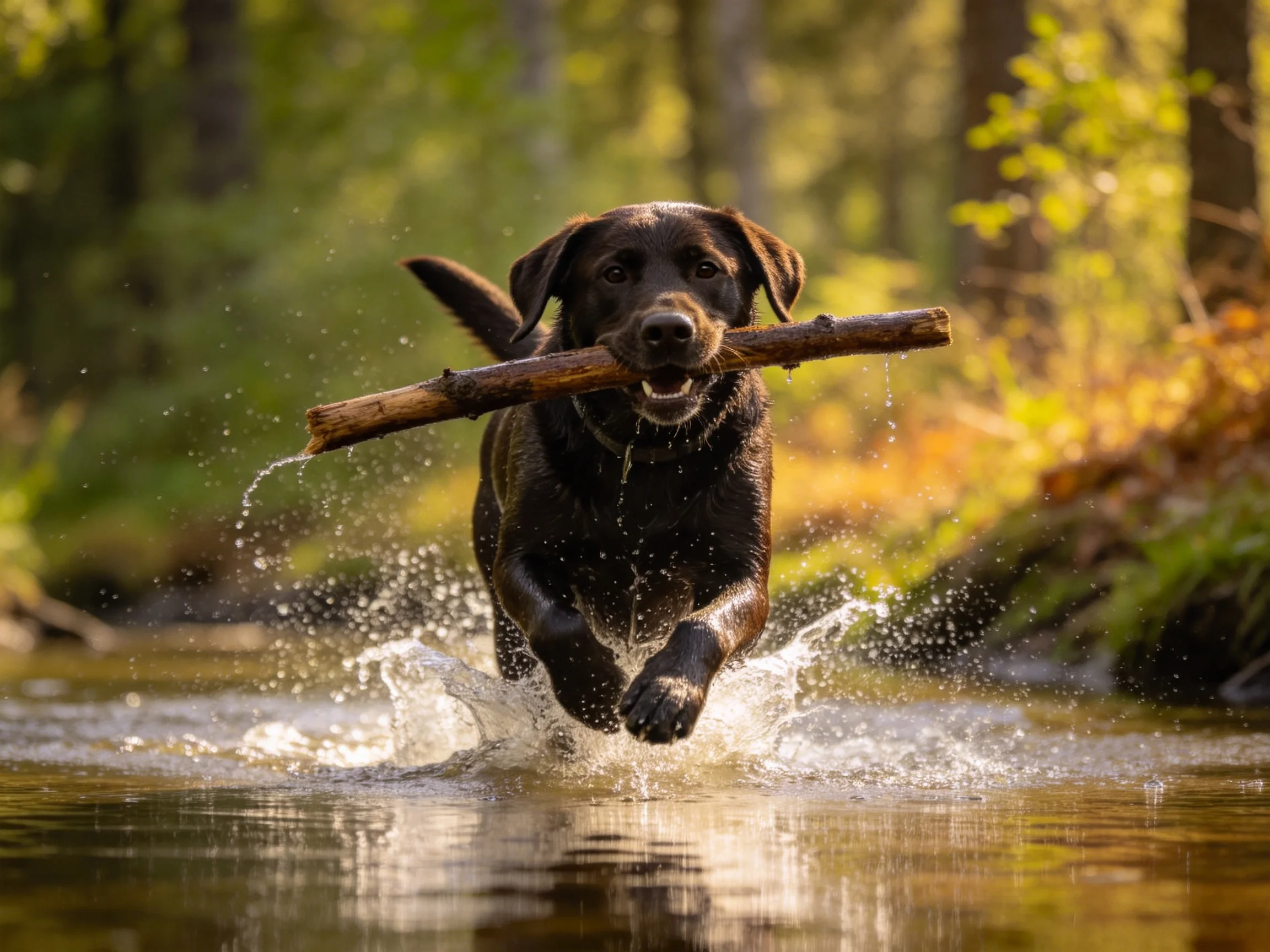 巧克力拉布拉多犬叼着木棒,浑身沾满水珠,黑色毛发在水中显得油亮有光泽。