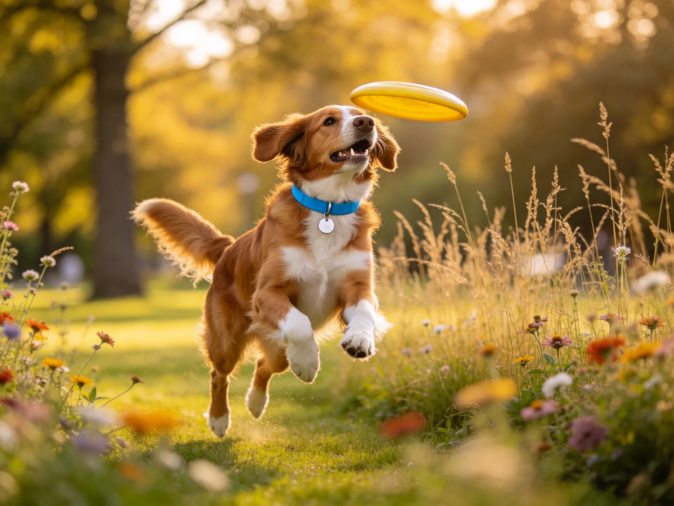 金毛寻回犬正跃起追逐空中的黄色飞盘，棕白相间的毛发在阳光下显得格外醒目。