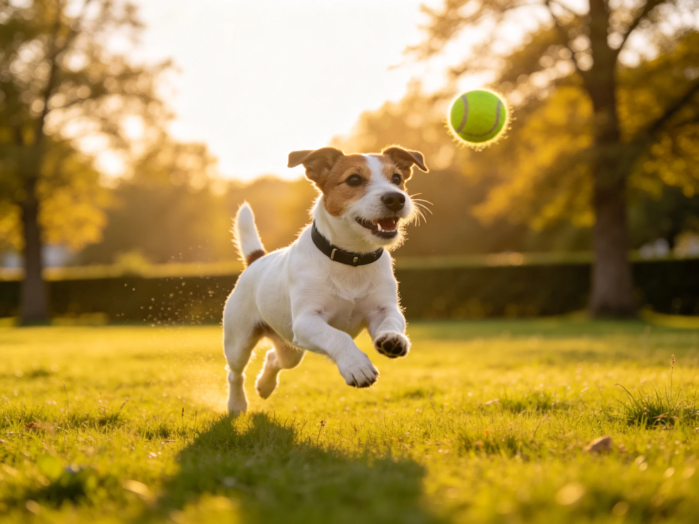 杰克罗素梗犬追逐空中飞行的网球,白色与棕色相间的毛发清晰可见。