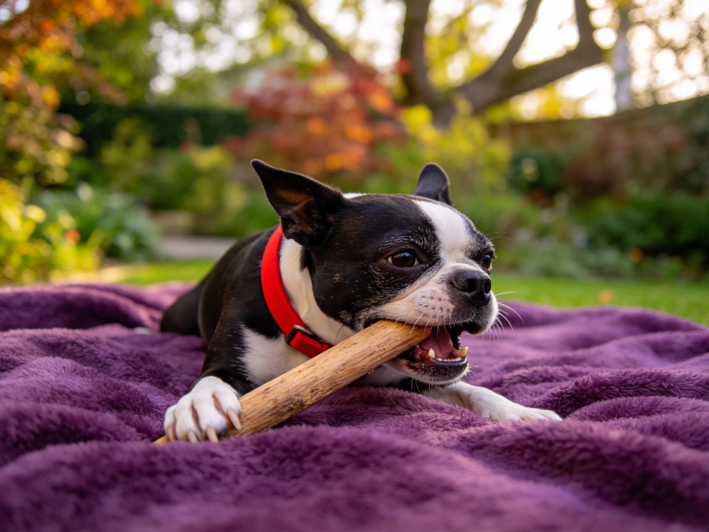 波士顿梗犬正用嘴咬着表面有纹理的木棍,黑白相间的毛发清晰可见。