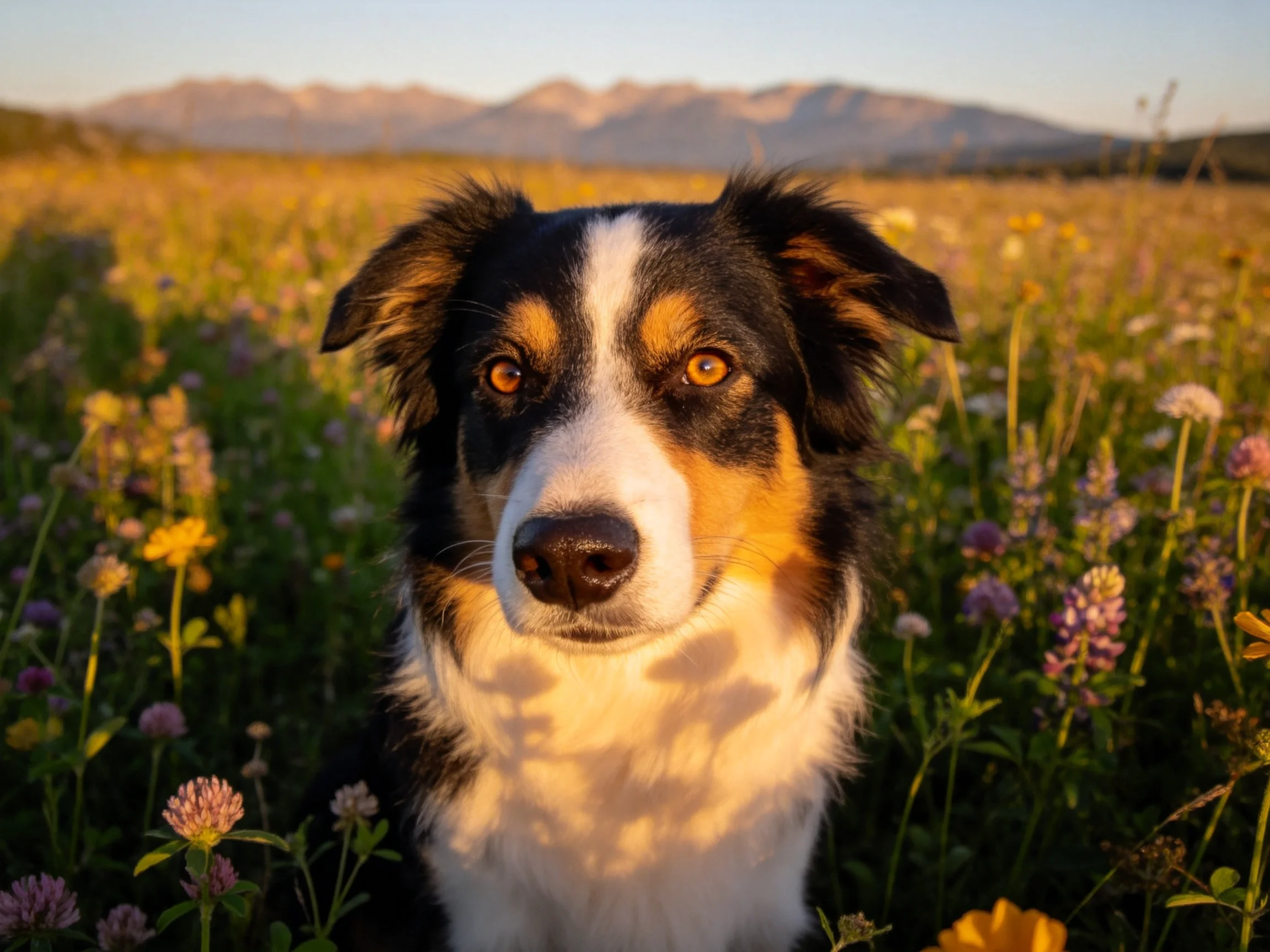 一只黑棕白相间的边境牧羊犬,毛发蓬松,眼神专注,周围环绕着各种野花。