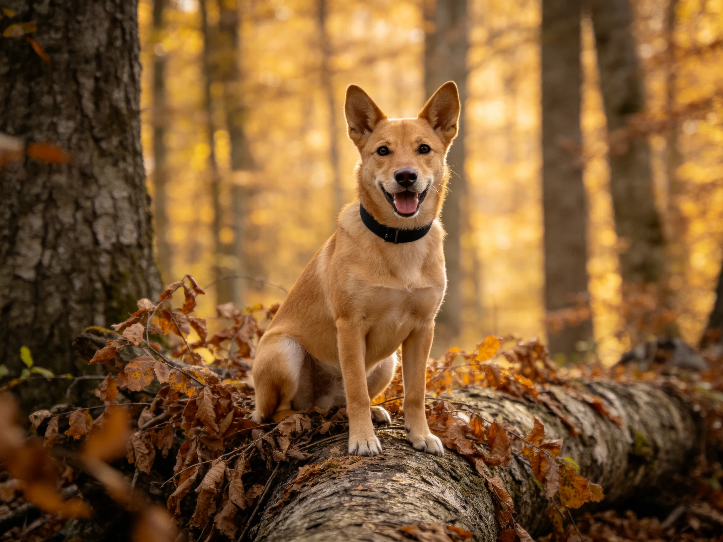 小型中华猎犬混种站在满是秋季落叶的枯木上,浅棕色毛发在阳光下清晰可见。