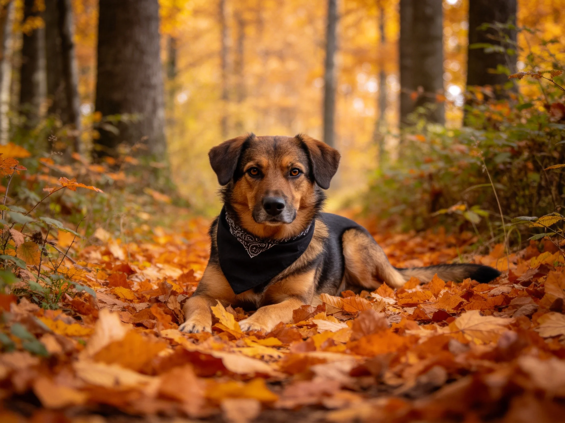 黑棕相间混种犬安静趴卧在满是秋叶的地面上,身上有清晰的毛色分布特征。