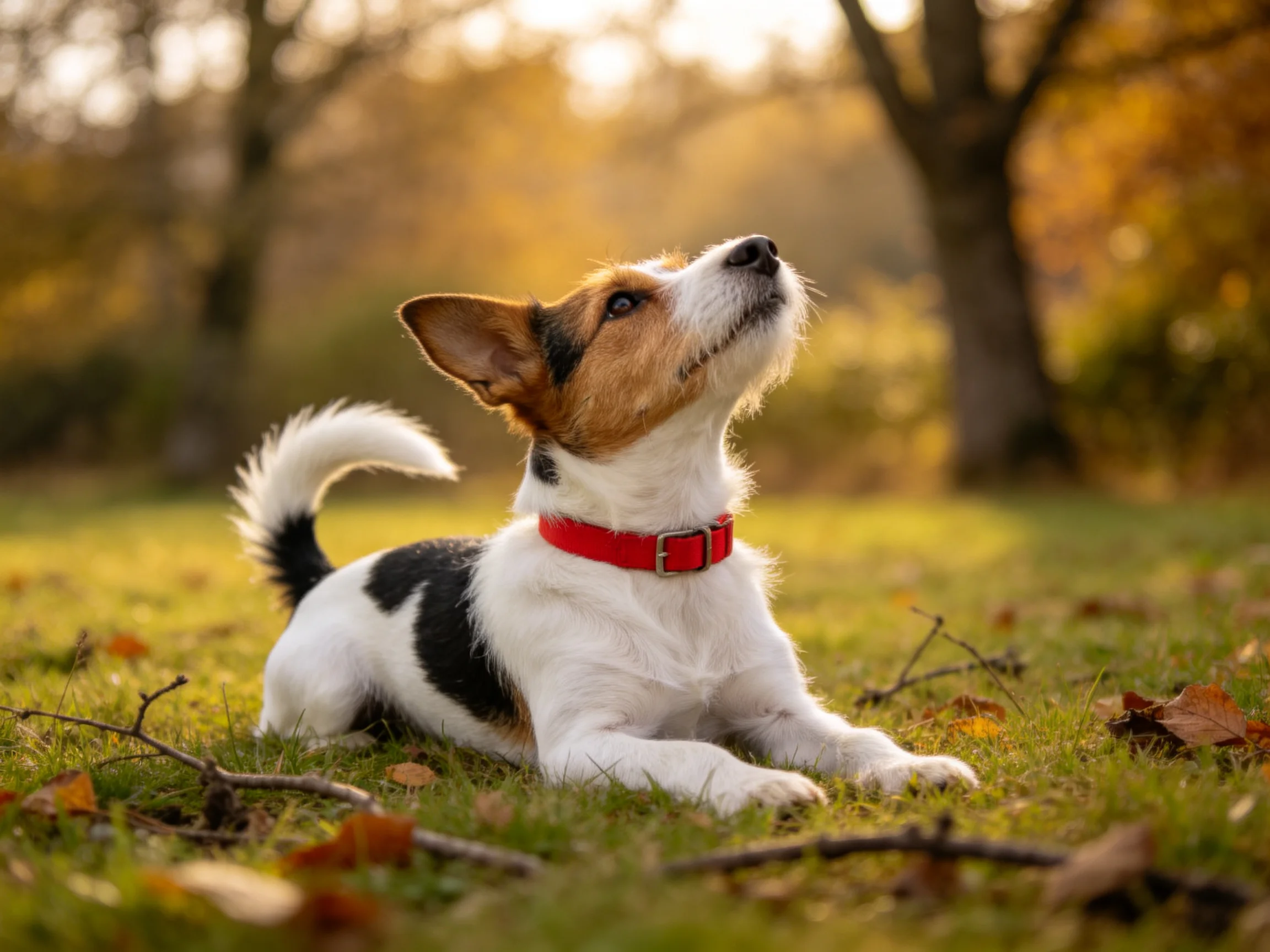 杰克罗素梗犬趴卧在草地上,佩戴红色项圈,身体主要为白色带黑色斑块。