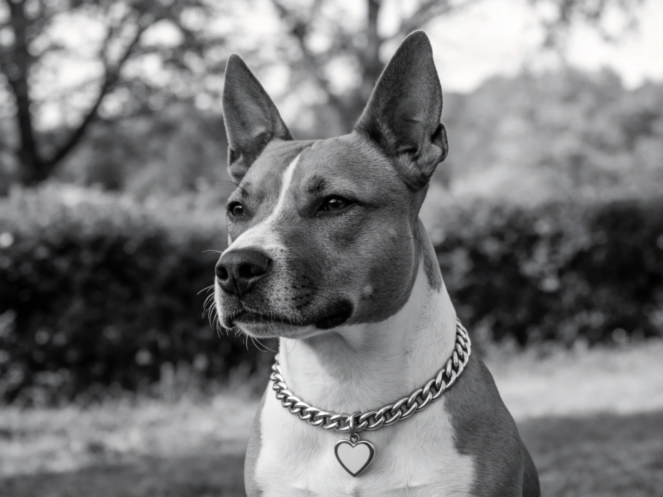 短毛混血犬佩戴金属链条项圈,项圈上挂着心形吊坠,眼神专注地凝视前方。