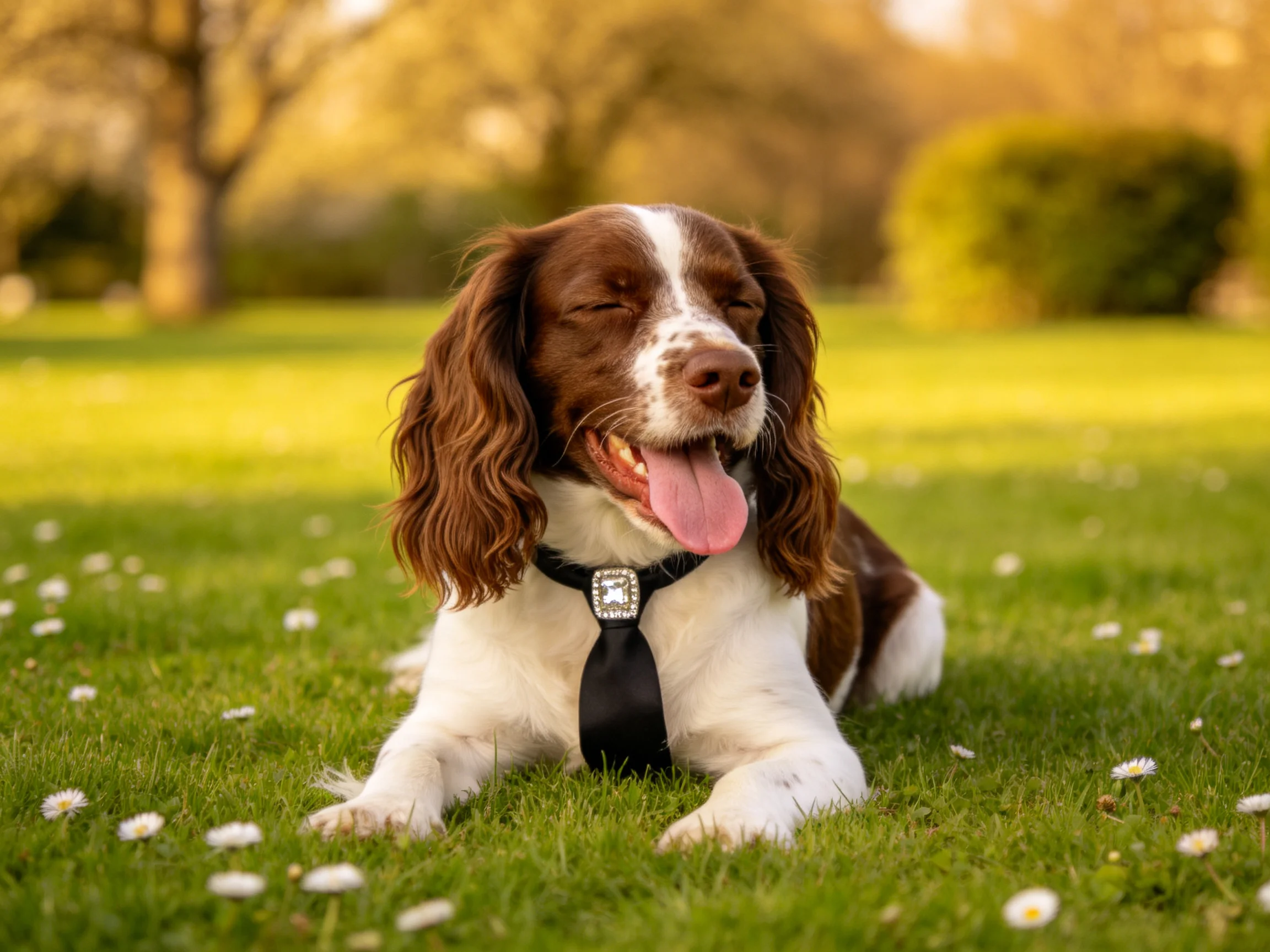 英系史宾格犬趴在草地上,脖子上系着领带,舌头伸出,毛发为棕白色。