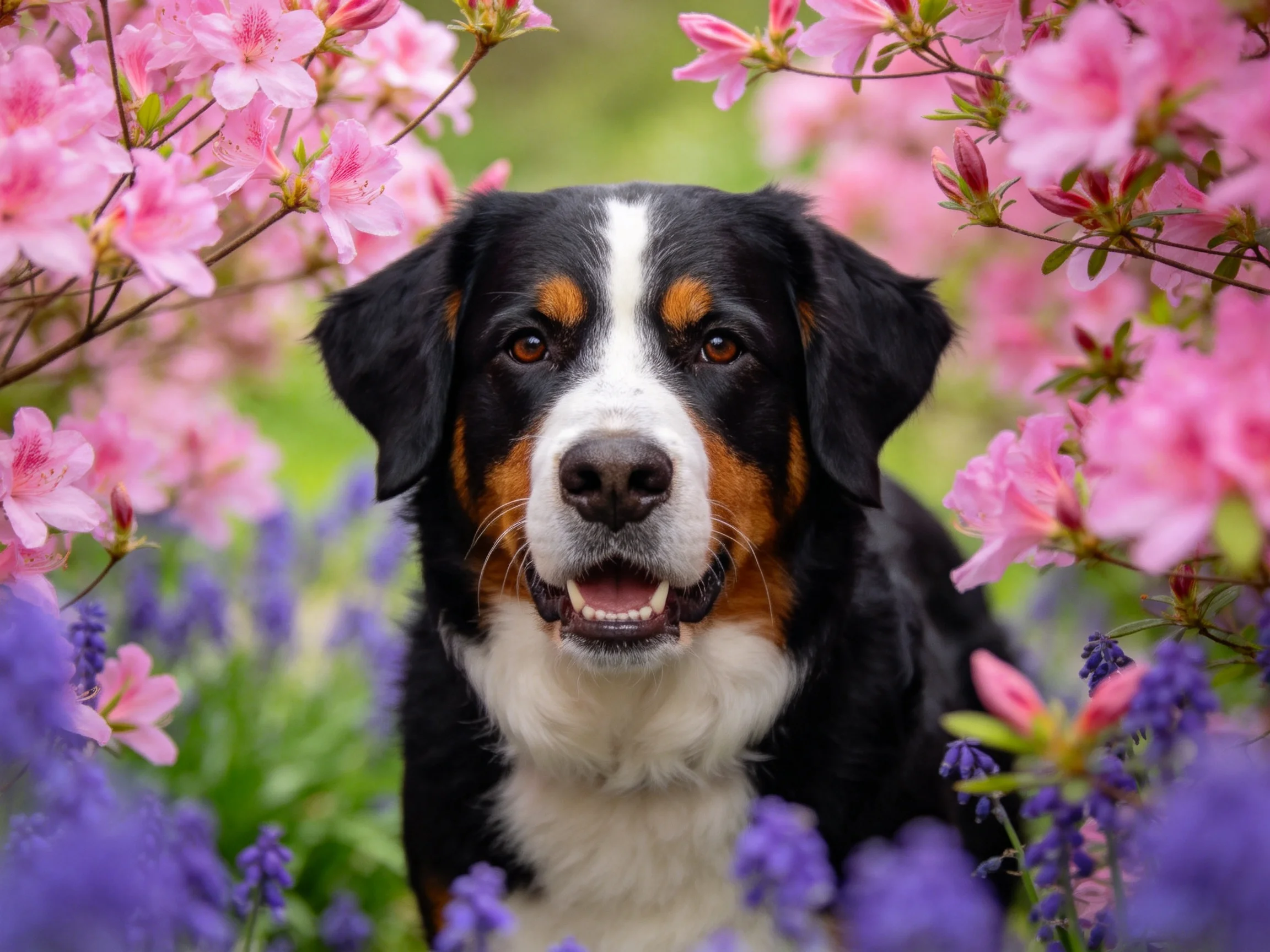 伯恩山犬站在花卉中间,黑色的毛发带有白色和棕色斑纹,周围环绕着粉色和紫色的花朵。