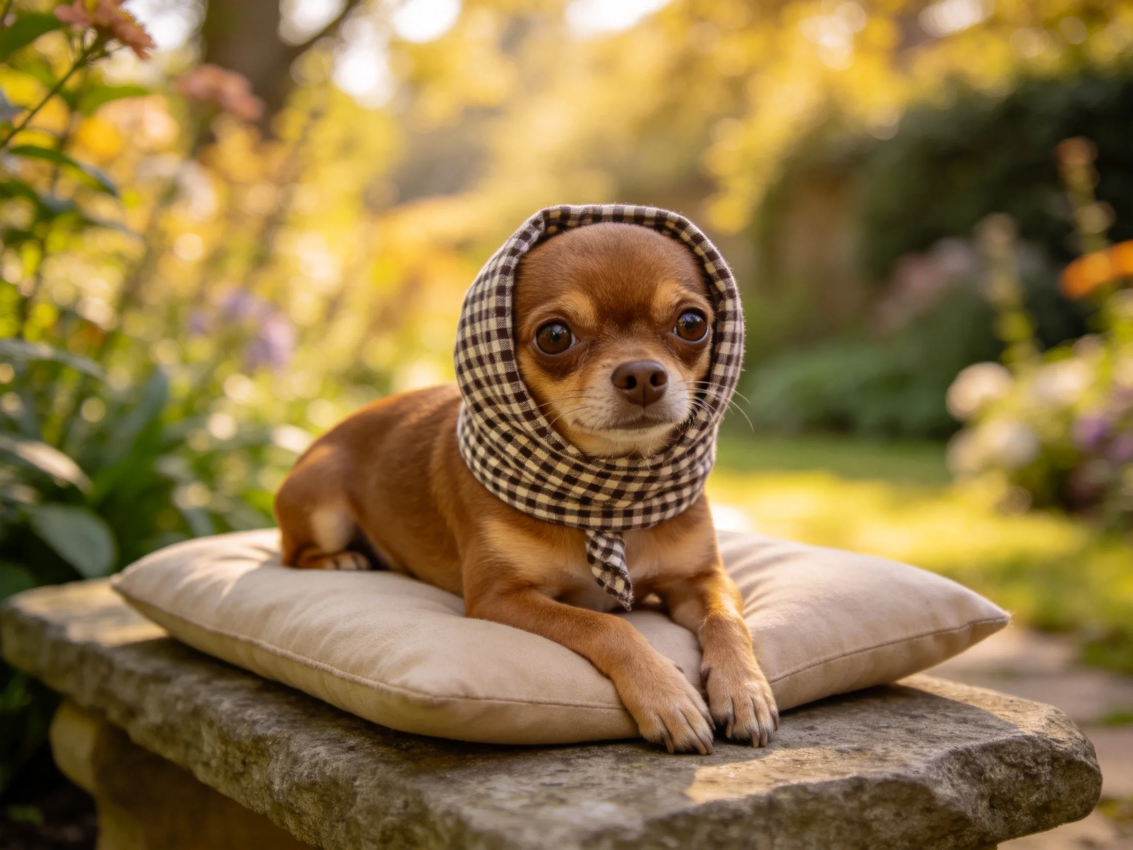 吉娃娃犬戴着格纹连帽围巾趴在软垫上,棕褐色短毛清晰可见。
