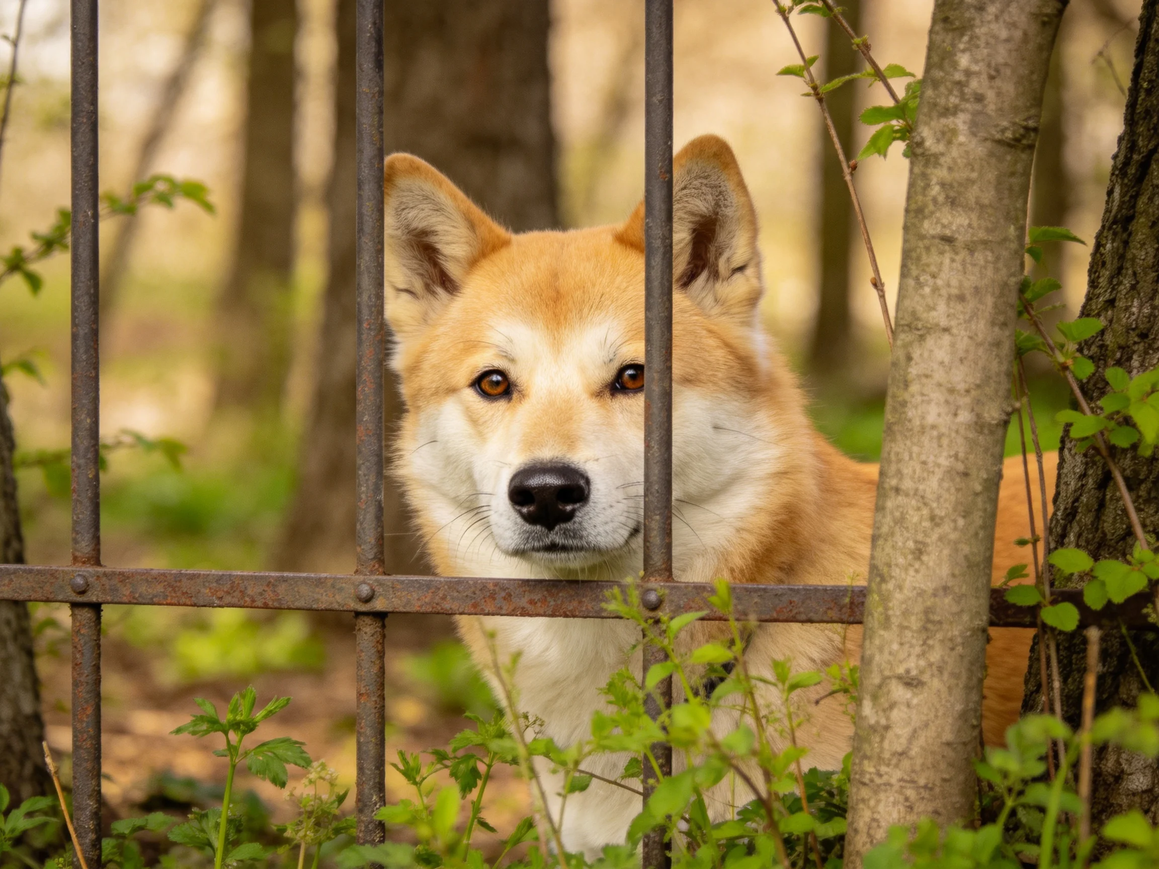 柴犬透过金属栅栏凝视镜头,浅棕色与白色相间的被毛清晰可见。