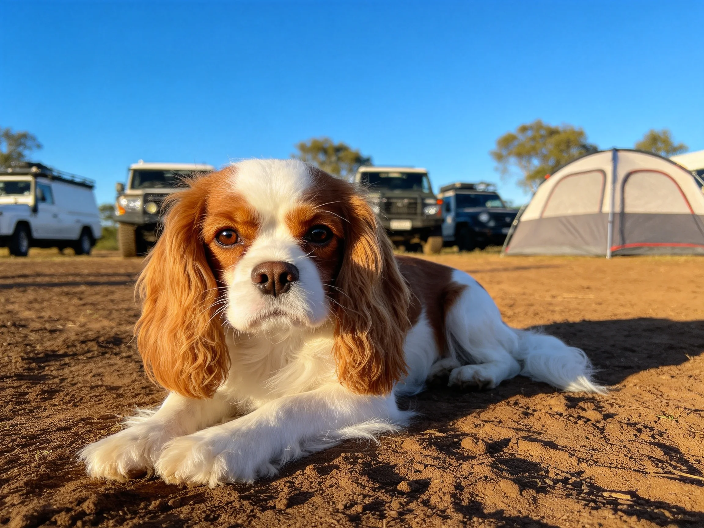 一只查理王小猎犬趴在沙地上,白色与棕色相间的毛发清晰可见,眼神专注平静。
