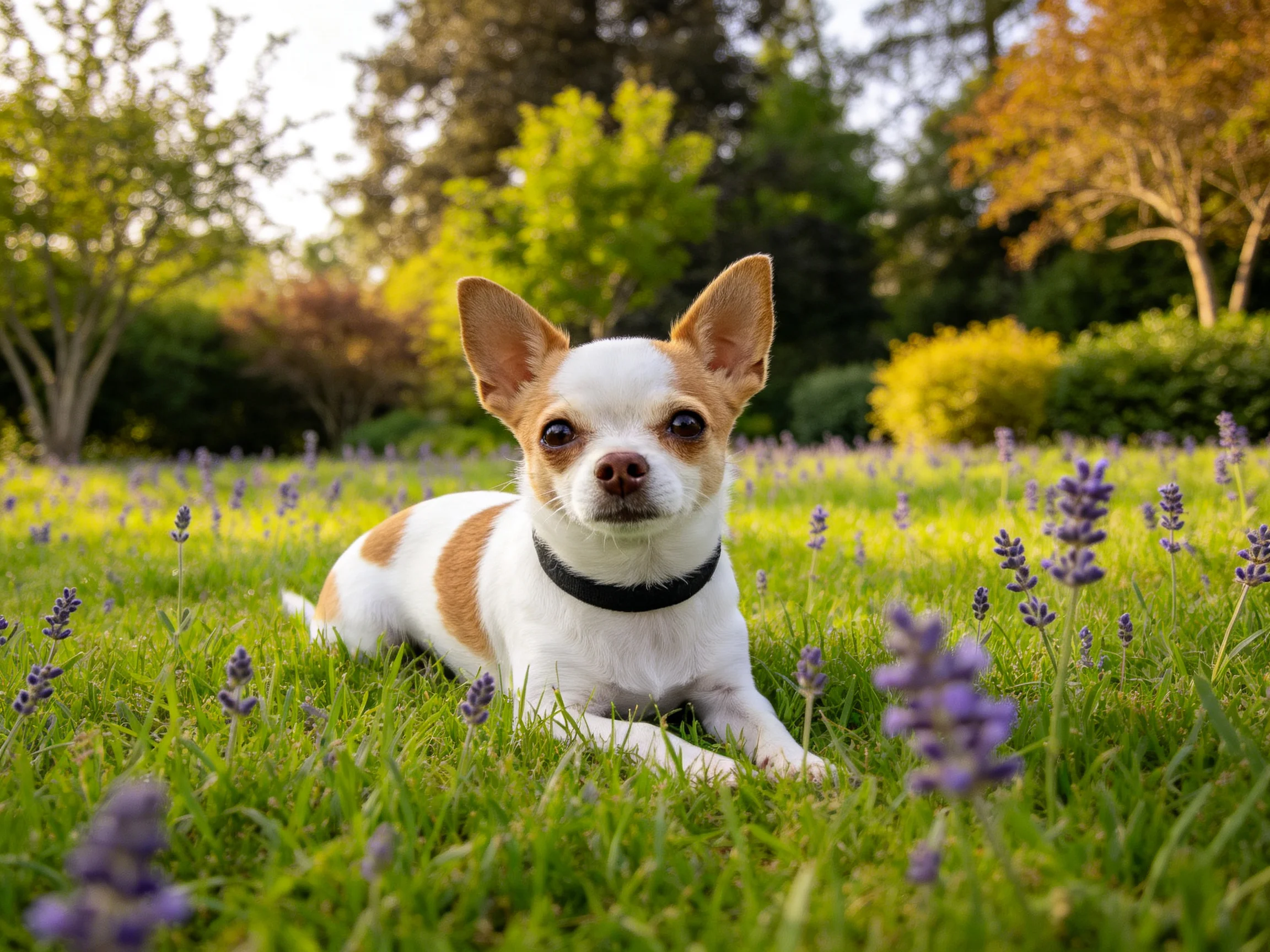 吉娃娃犬安静地趴在开满紫色小花的绿色草地上，耳朵竖起，眼神明亮。