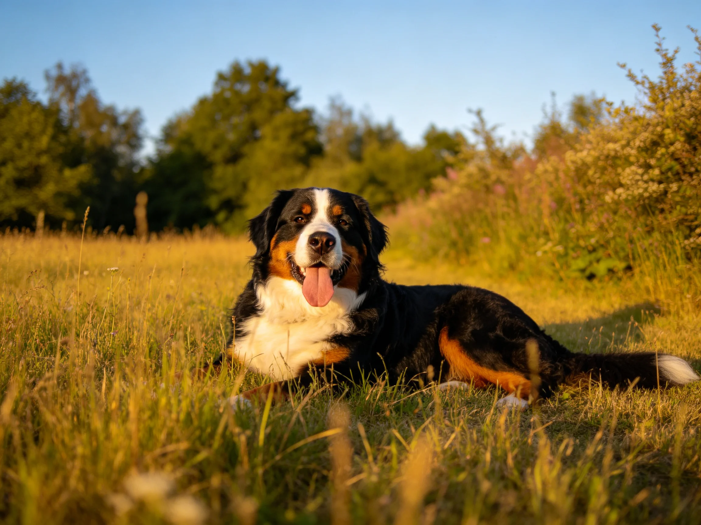 伯恩山犬舒展身体躺卧在草地上，黑白棕相间的毛发清晰可见，舌头伸出。