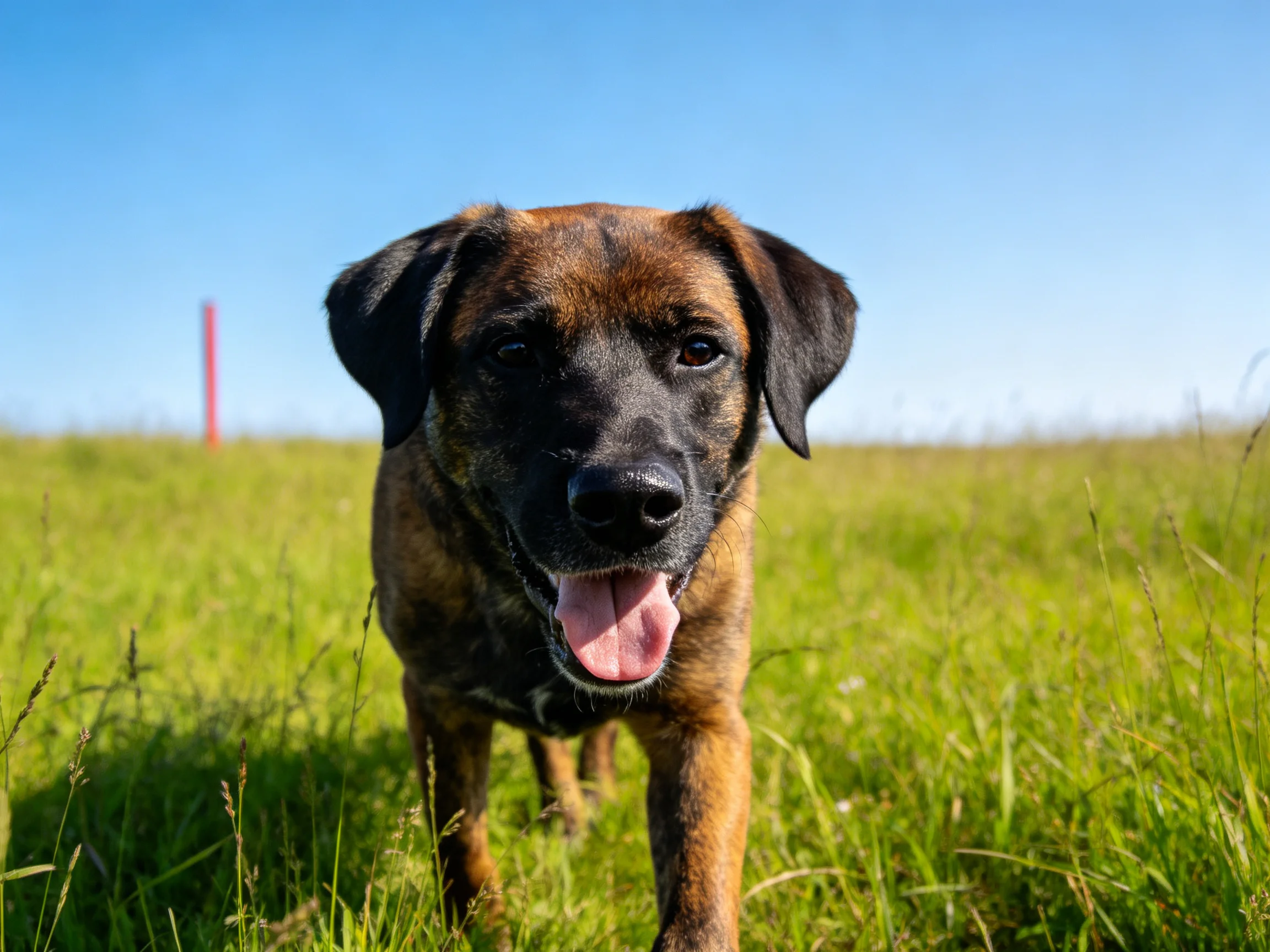 一只短毛混种犬面向镜头站立，嘴巴张开露出粉色舌头，身处绿色草地环境中。