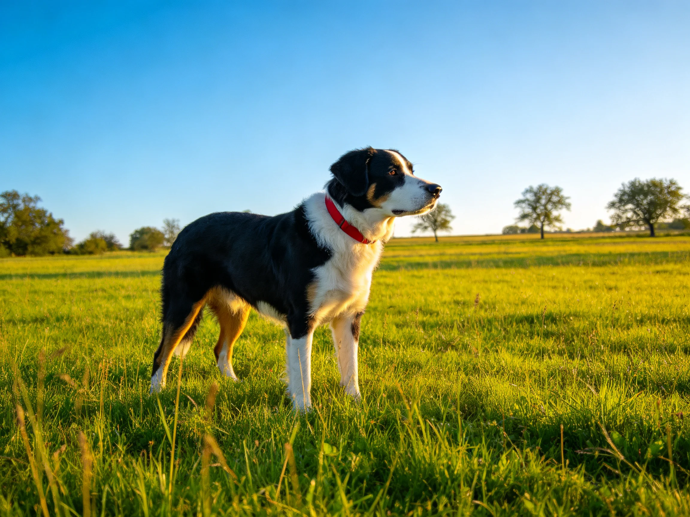 三色边境牧羊犬站在草地上,红项圈清晰可见,目光远望,毛发在阳光下呈现出丰富的色彩层次。