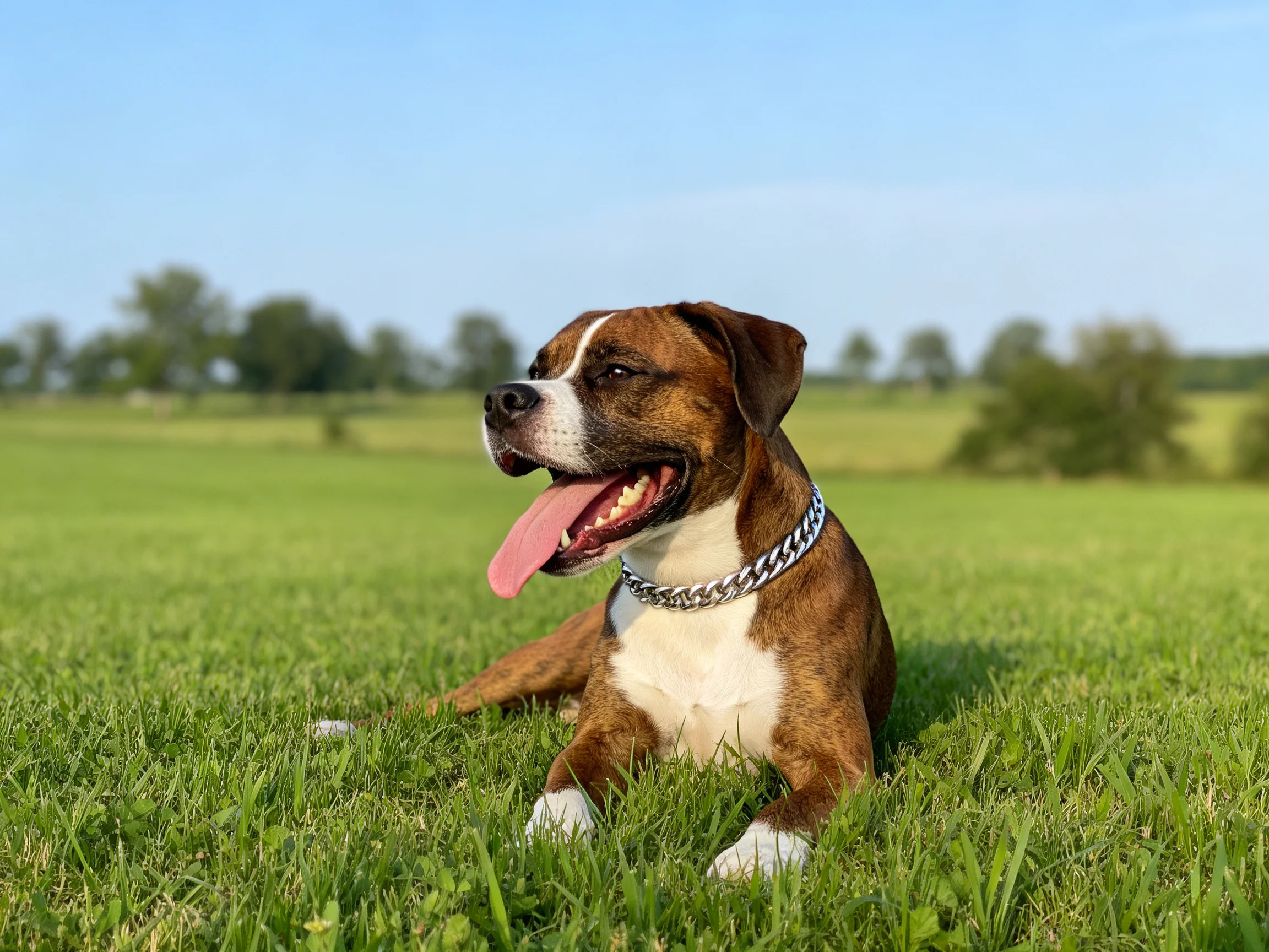 拳师犬趴卧在草地上,舌头伸出,银色链条项圈清晰可见。