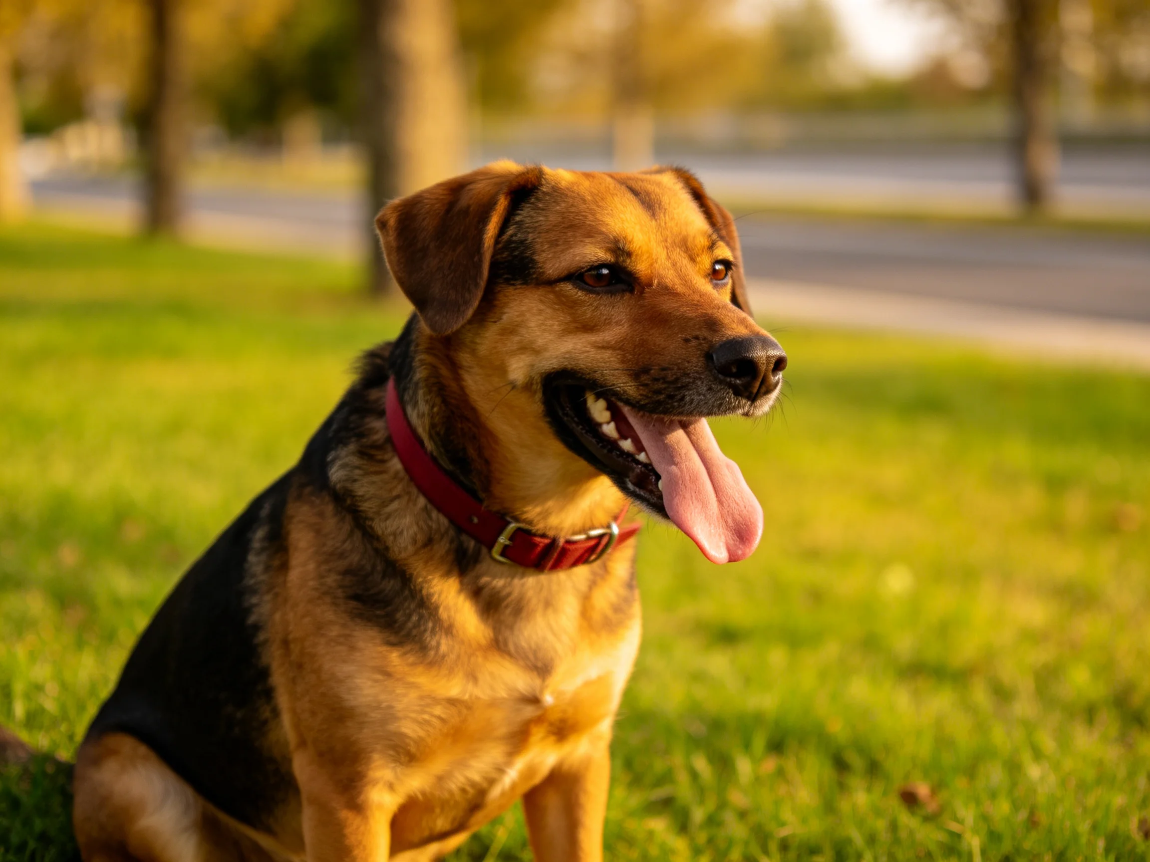 德系混血犬张着嘴露出粉色舌头,脖颈处有红色皮质项圈。