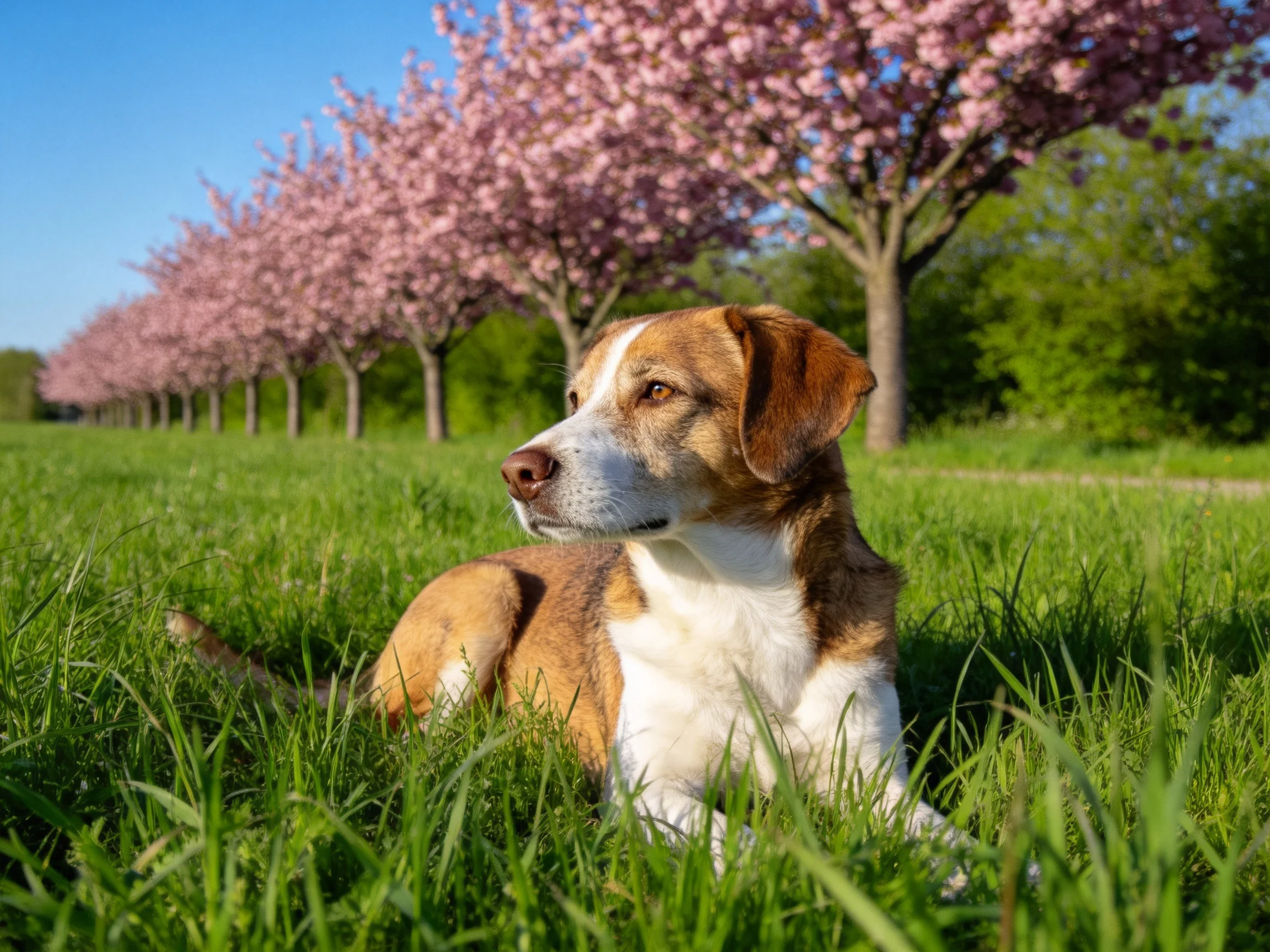 短毛混种犬安静躺卧在草地上,头部转向左侧,周围是盛开的樱花树,毛发短而顺滑。