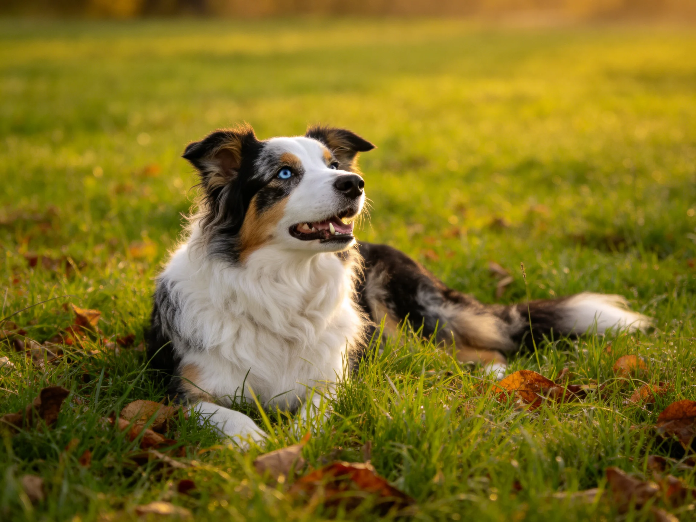 一只蓝眼睛的三色边境牧羊犬混种犬,毛发蓬松柔软,正安静地躺在草地上,周围有枯黄的落叶。