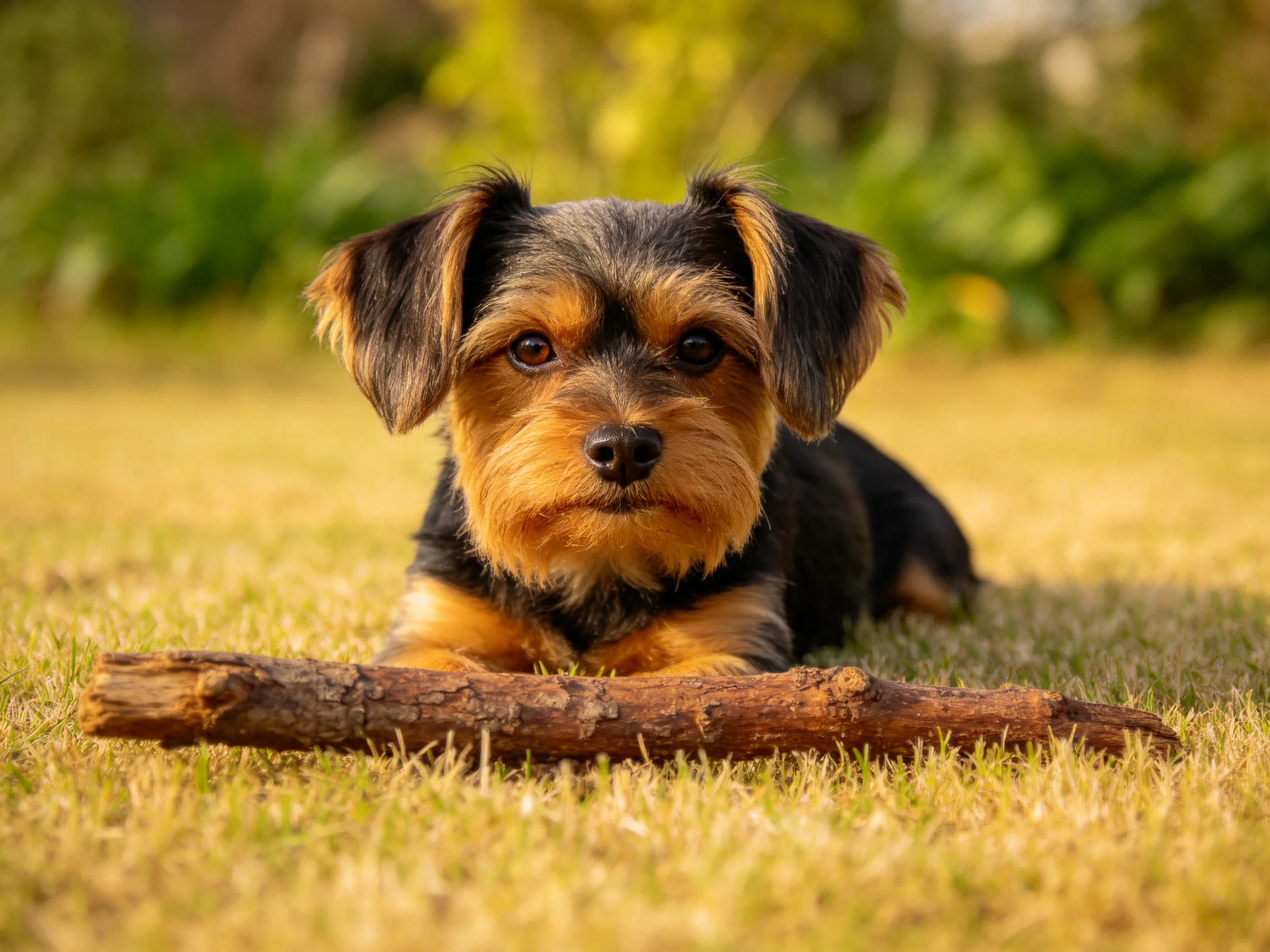 约克夏梗犬趴卧在草地上,面前有一根表面粗糙的木棍,黑色的毛发与浅棕色毛发形成鲜明对比。