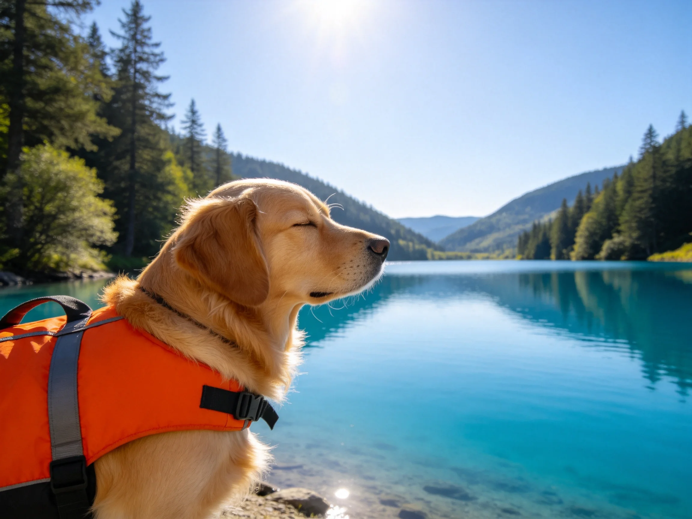 一只金毛犬穿着橙色救生衣,金色毛发在阳光下显得柔软蓬松。