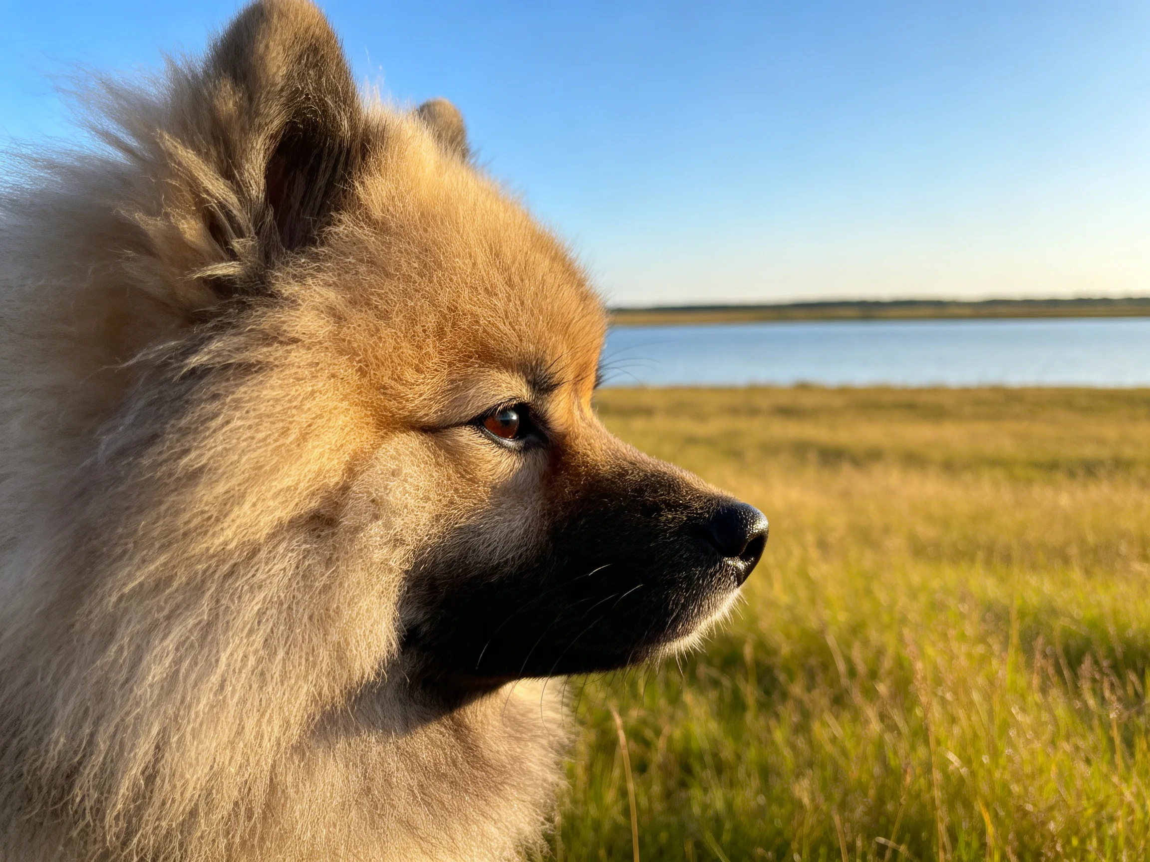 博美犬有着蓬松的浅金色毛发,黑色的口鼻部十分明显。