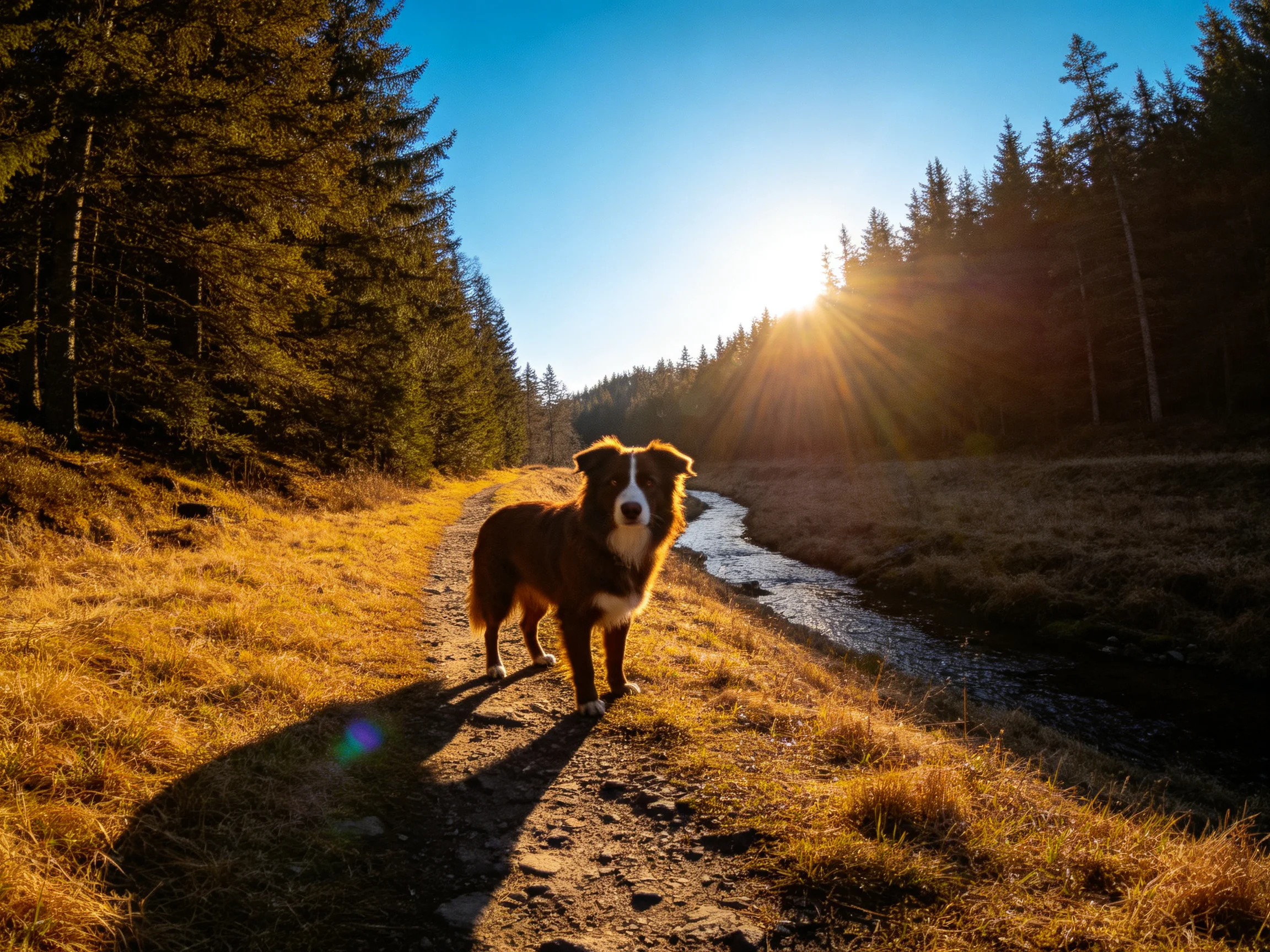 边境牧羊犬站在森林小径上,红棕白相间的毛发在夕阳下清晰可见,影子投射在小径上。
