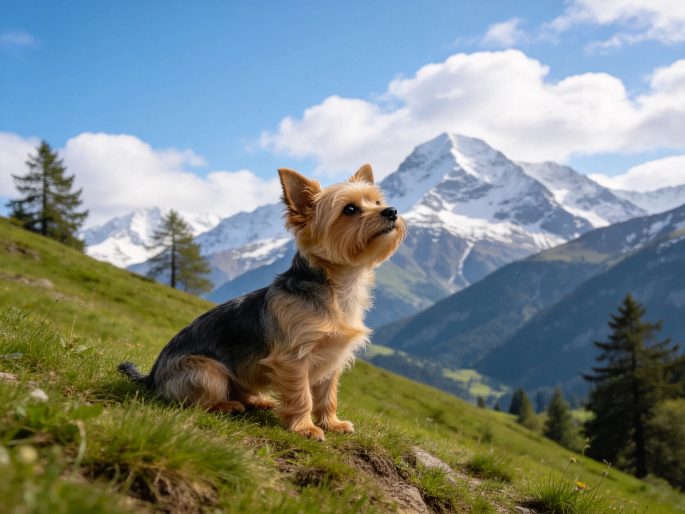 一只约克夏梗犬坐在山地草坡上，棕黑相间的柔软毛发清晰可见。