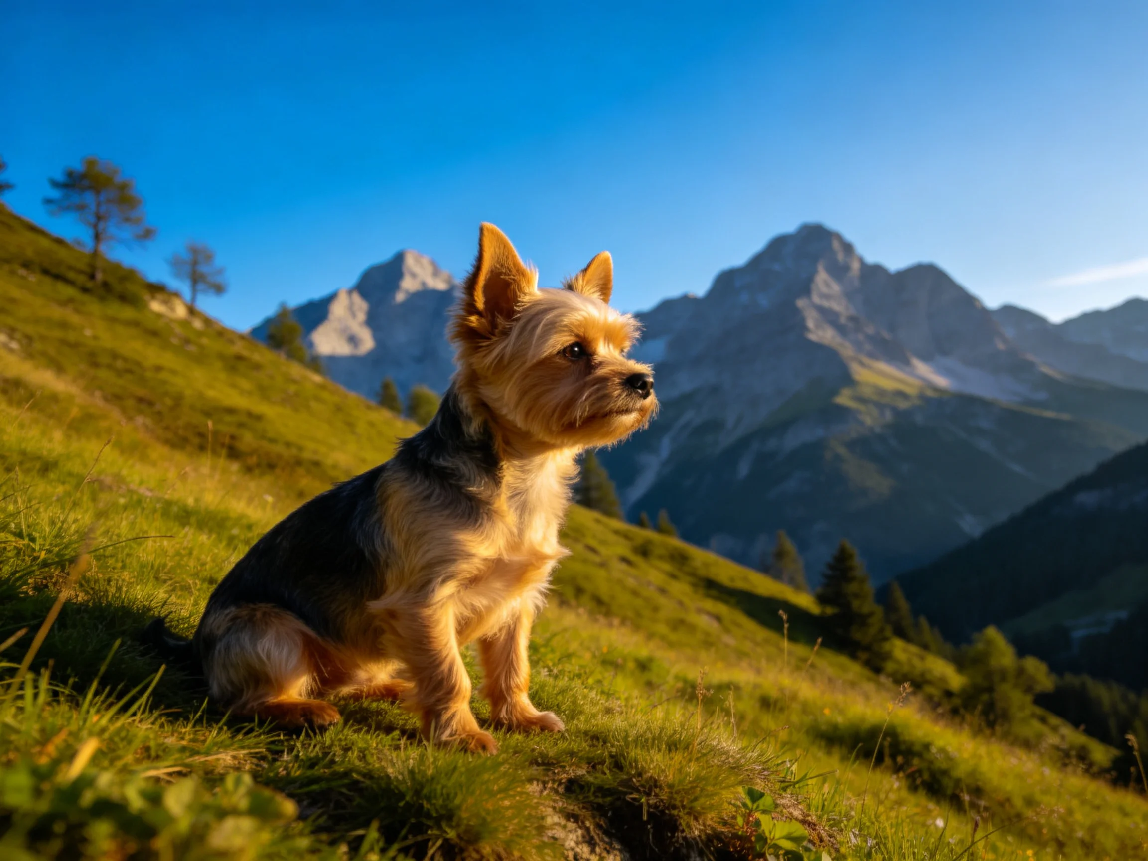 约克夏梗犬耳朵竖立注视远方，浅棕与深灰色毛发分明。