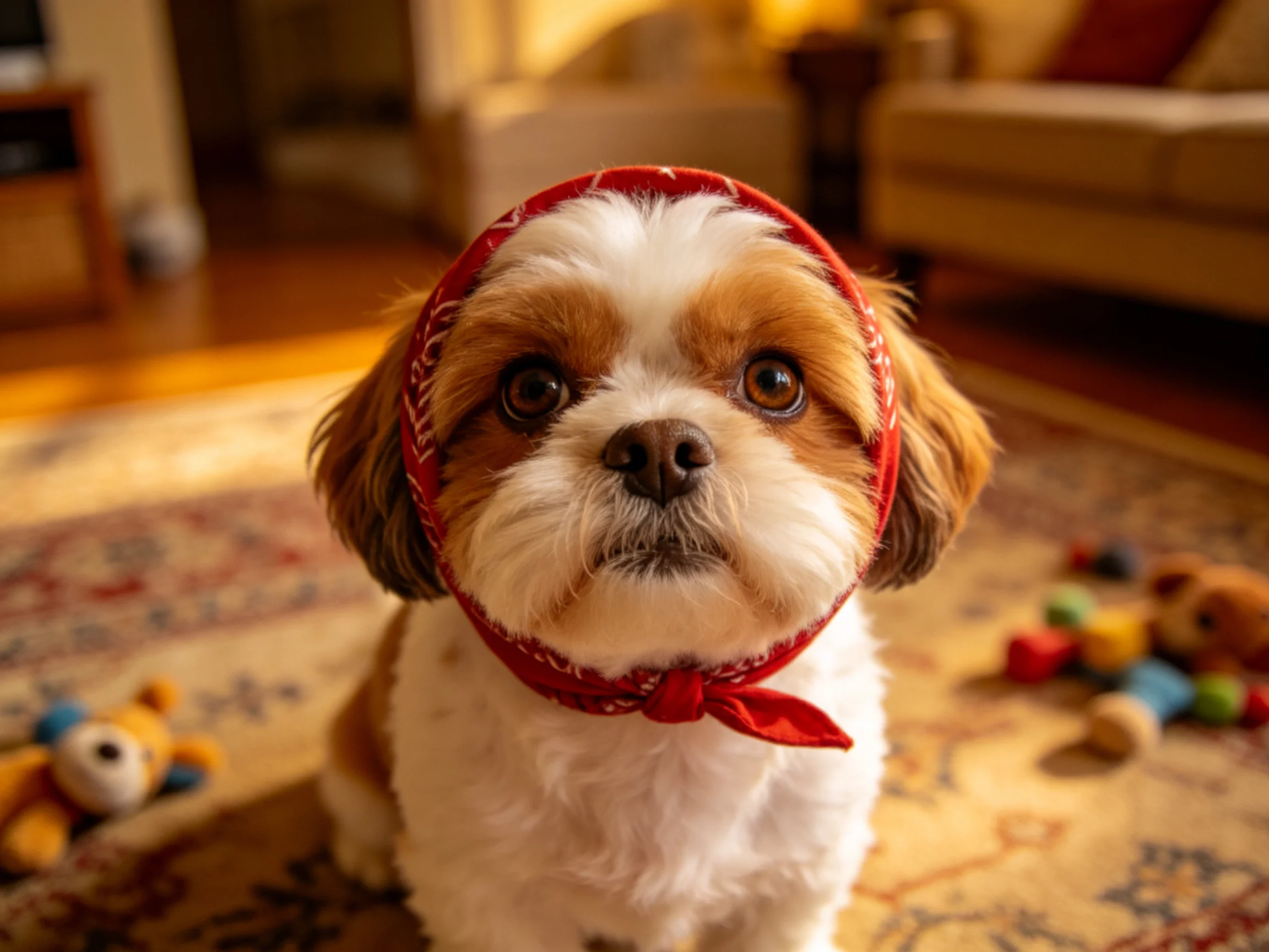 一只小型长毛犬戴着红色带白纹围巾,白色与棕色相间的毛发,眼神专注注视前方。