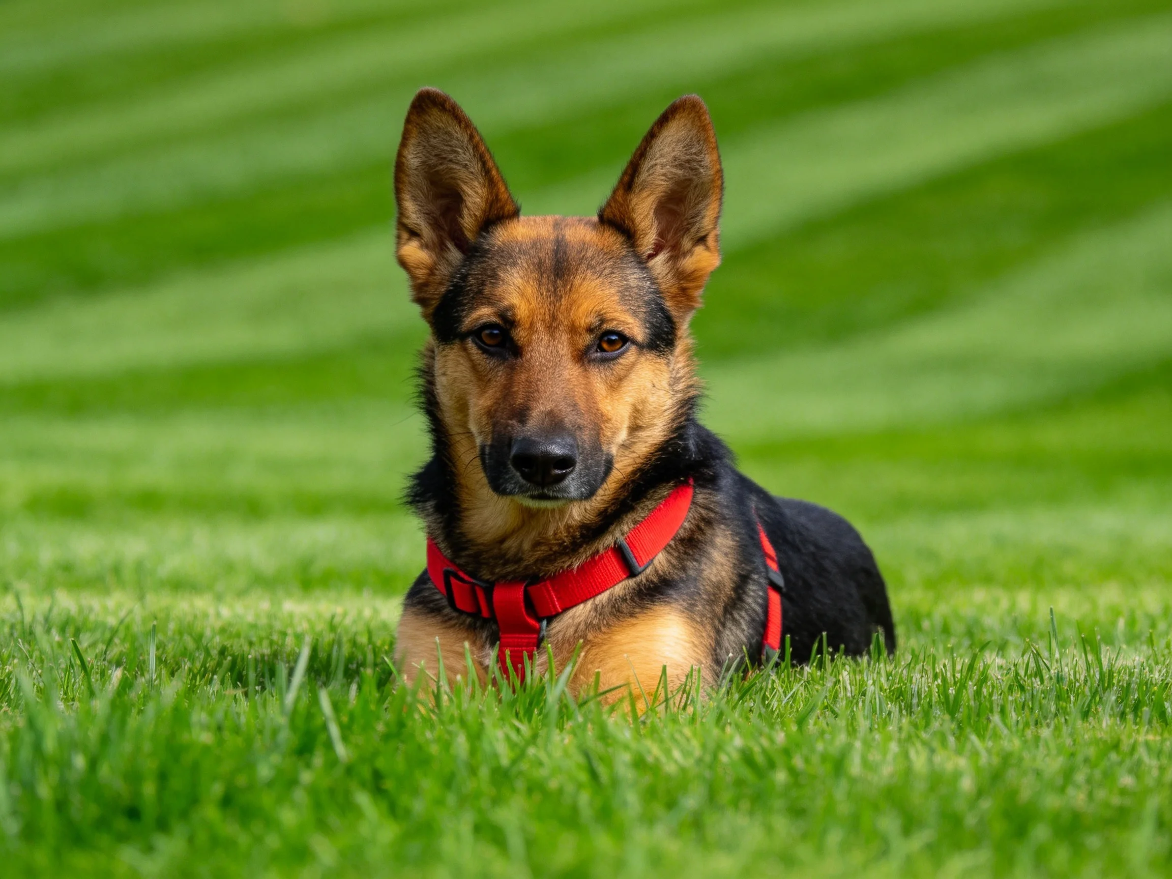 德国牧羊犬安静地躺在草地上,黑色的鼻尖和耳朵边缘的黑色毛发清晰可见。