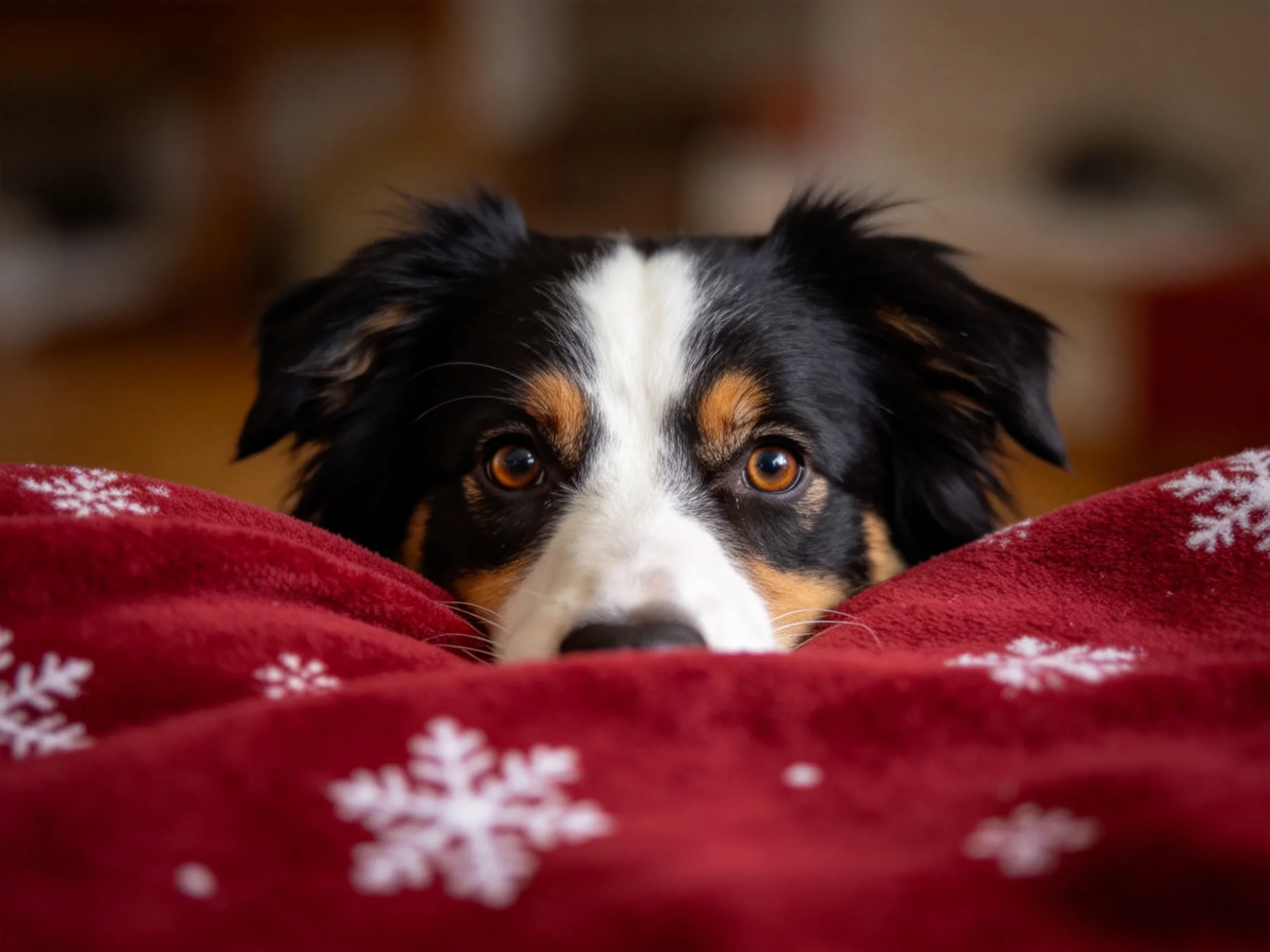 边境牧羊犬黑白棕相间的毛发,正从带有白色雪花图案的红色毯子后探出身子注视镜头。