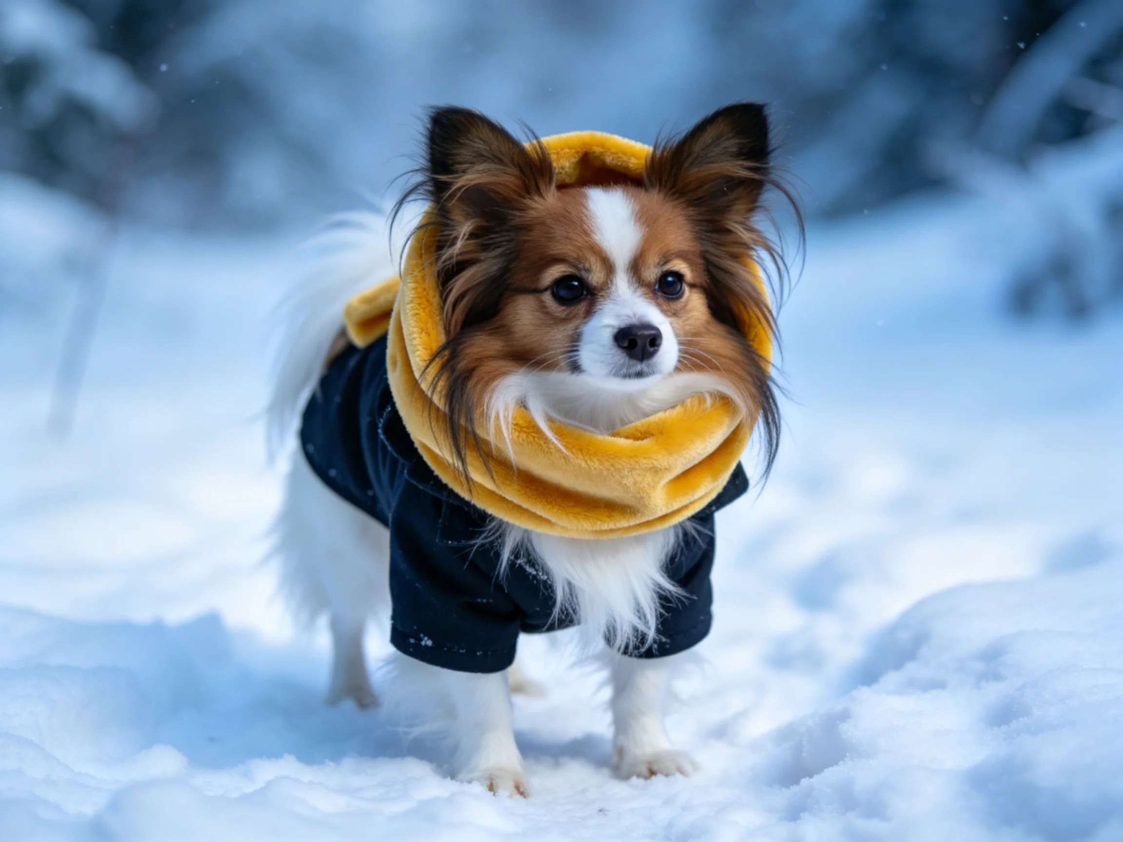 一只穿着深色衣物和黄色围巾的蝴蝶犬站在雪地上,白色的被毛与周围雪景形成鲜明对比。
