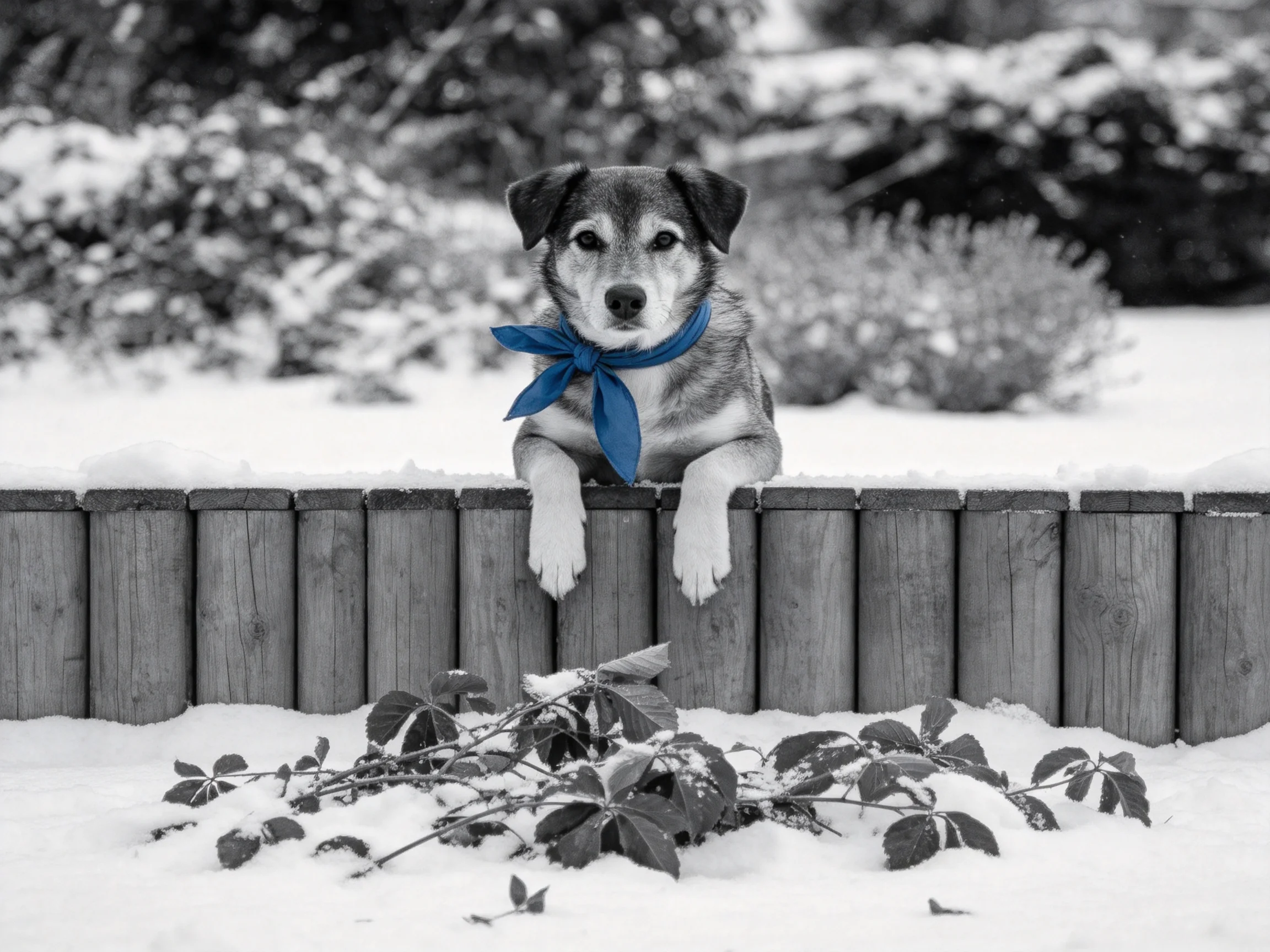 中型混血犬趴在雪地木栅栏后,脖颈处系着蓝色丝巾,前爪搭在栅栏上,眼神专注。