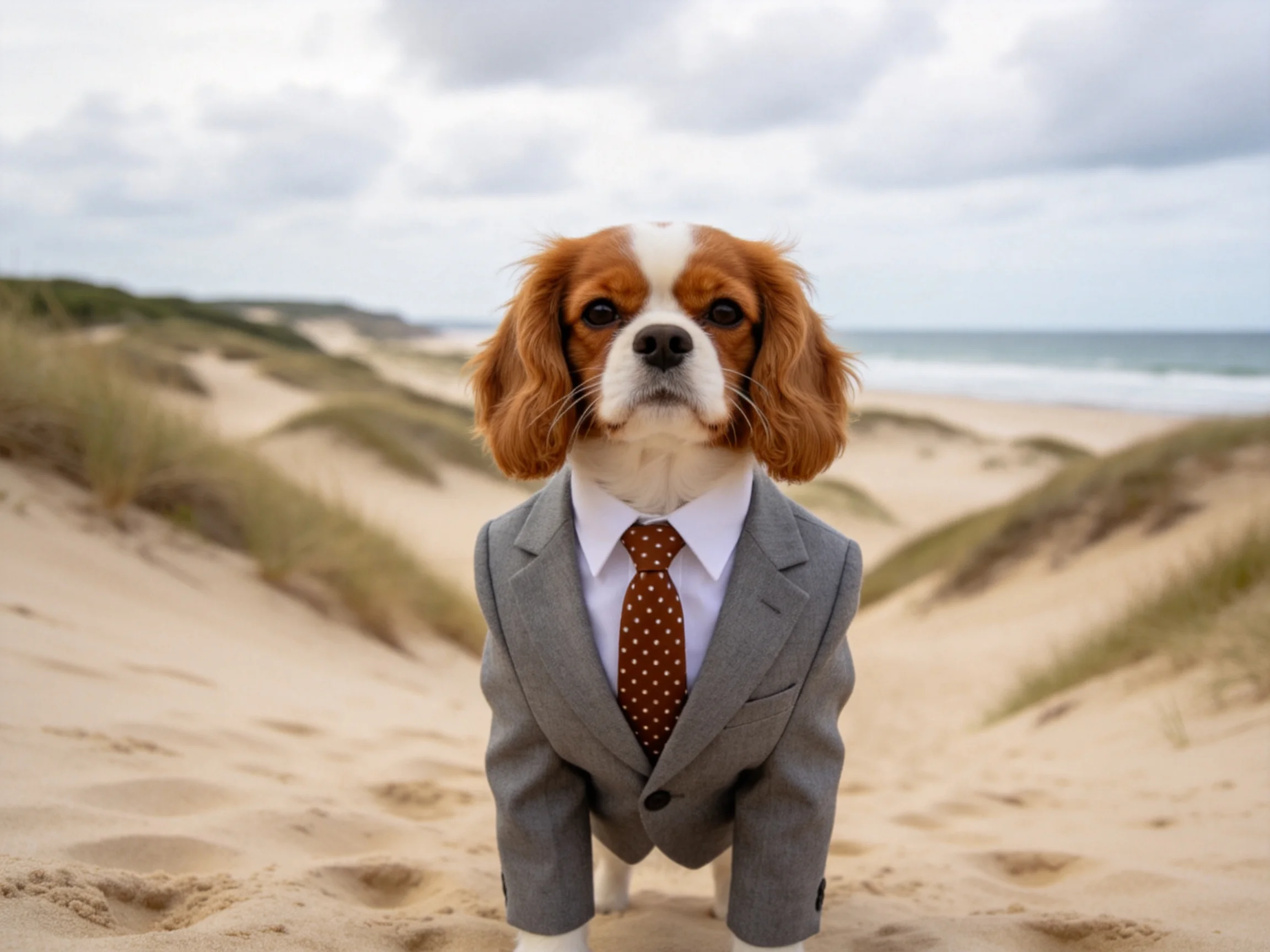 查理王小猎犬身着浅灰色西装,站在沙滩上,姿态端正。