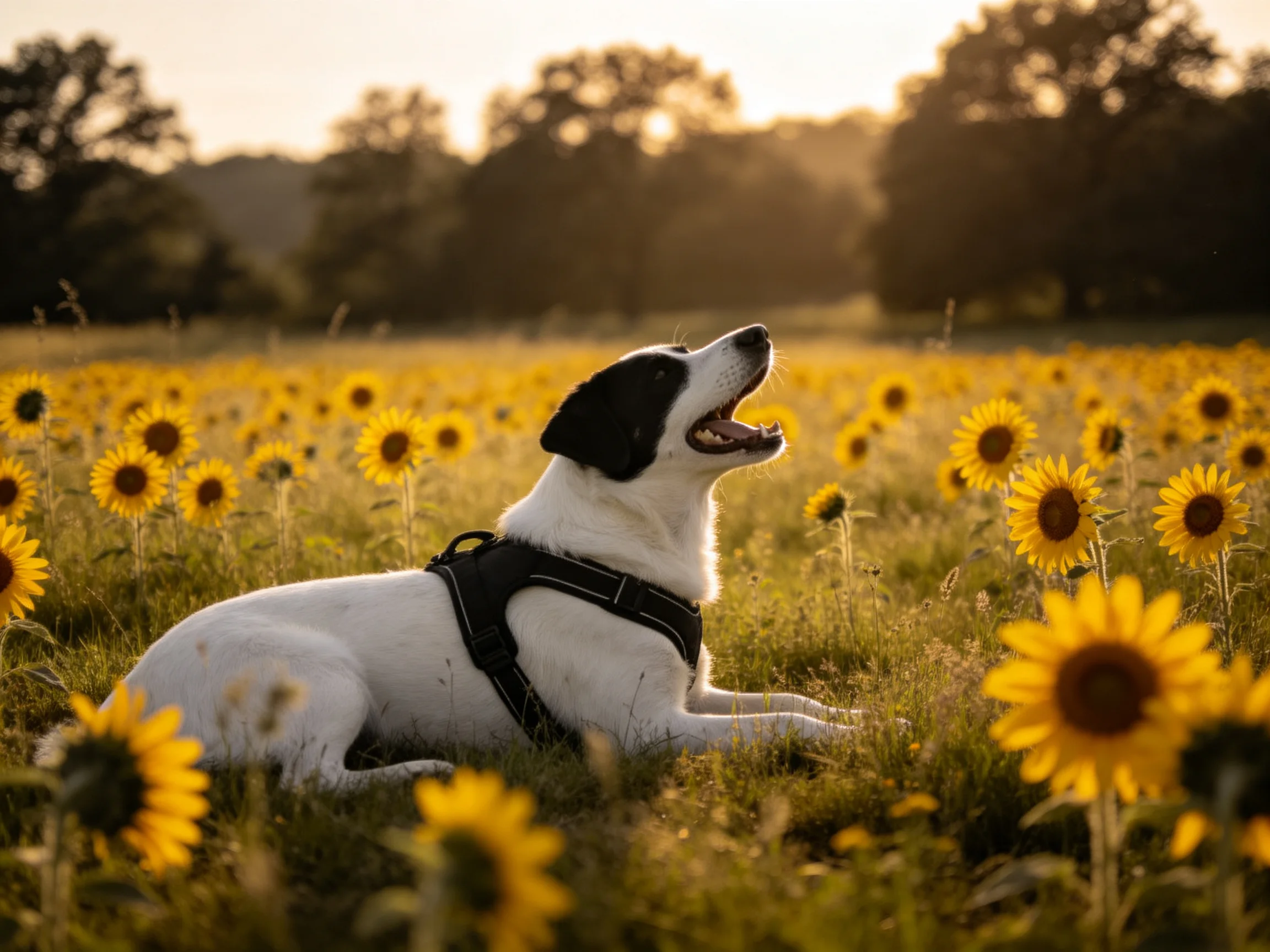 黑白混种犬仰头张嘴,白色躯体与黑色耳部形成鲜明对比,身处满是黄色向日葵的花田中。
