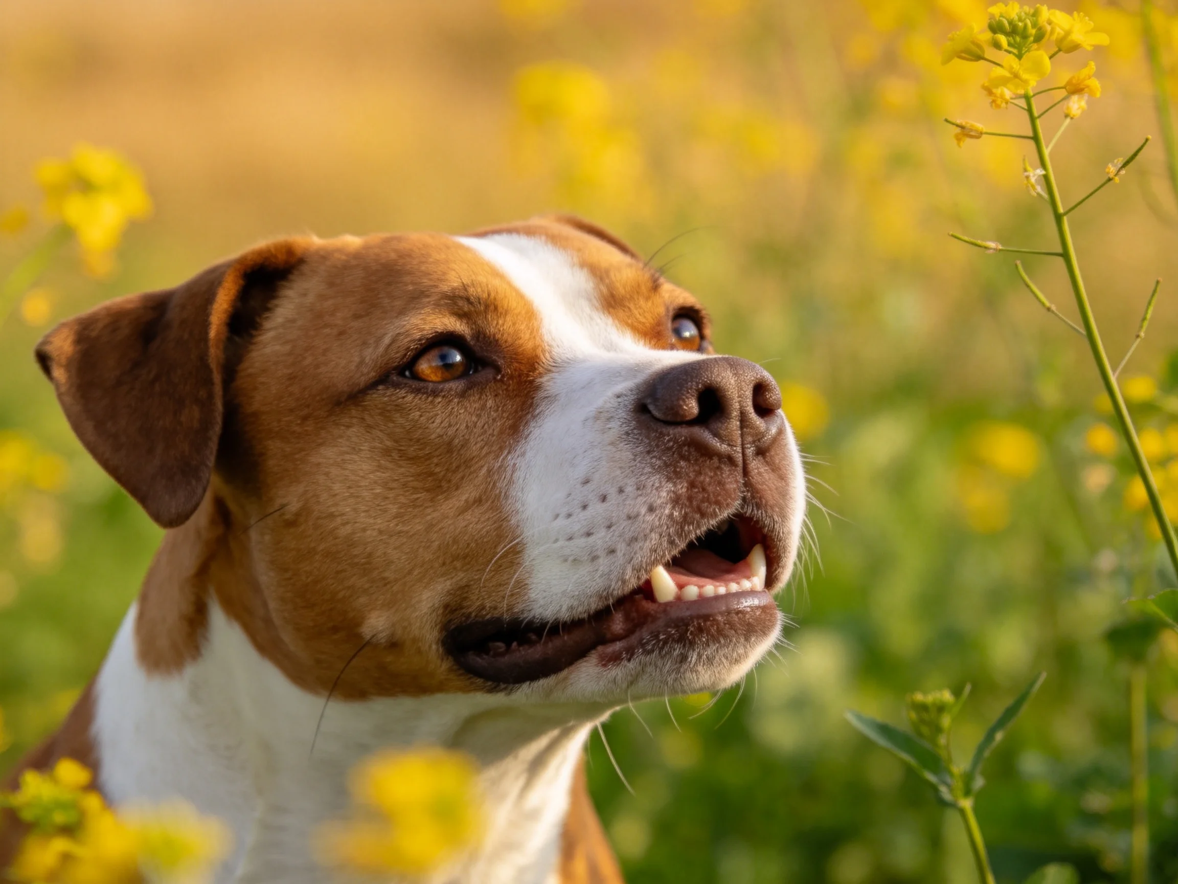 一只短毛斯塔福郡斗牛犬嘴巴张开,棕白相间的被毛在画面中显得格外清晰。