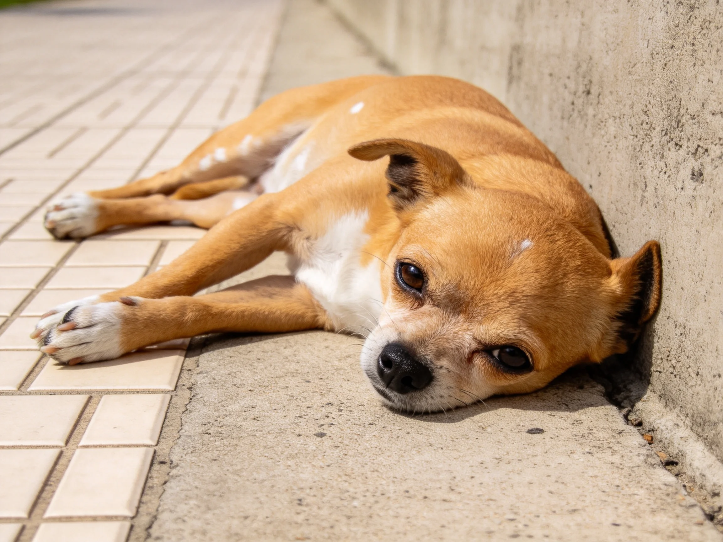 小型吉娃娃混种犬将头部靠在墙壁上,浅棕色带白色斑纹的毛发柔软蓬松。
