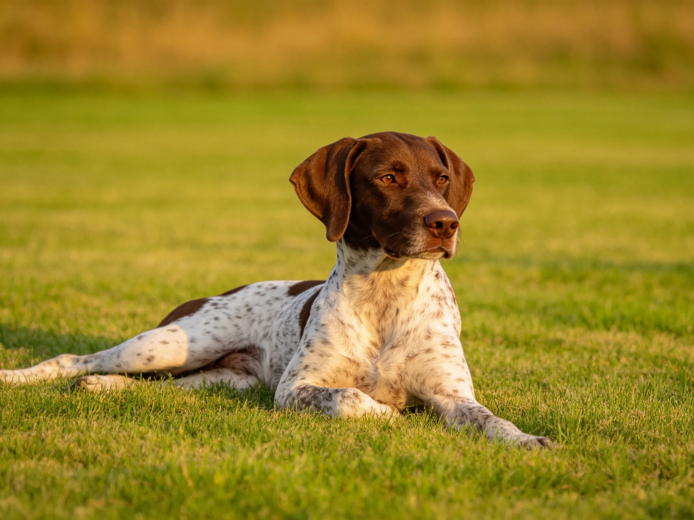 德系短毛指示犬趴在草地上,白色带有褐色斑点的皮毛在阳光下清晰可见,耳朵宽大下垂。